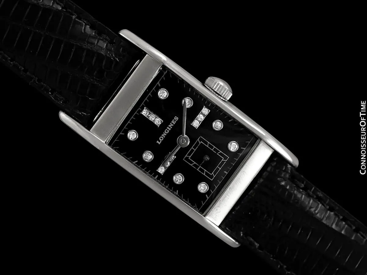 1949 Longines Vintage Mens Midsize Rectangular Watch - 14K White Gold & 17 Diamonds