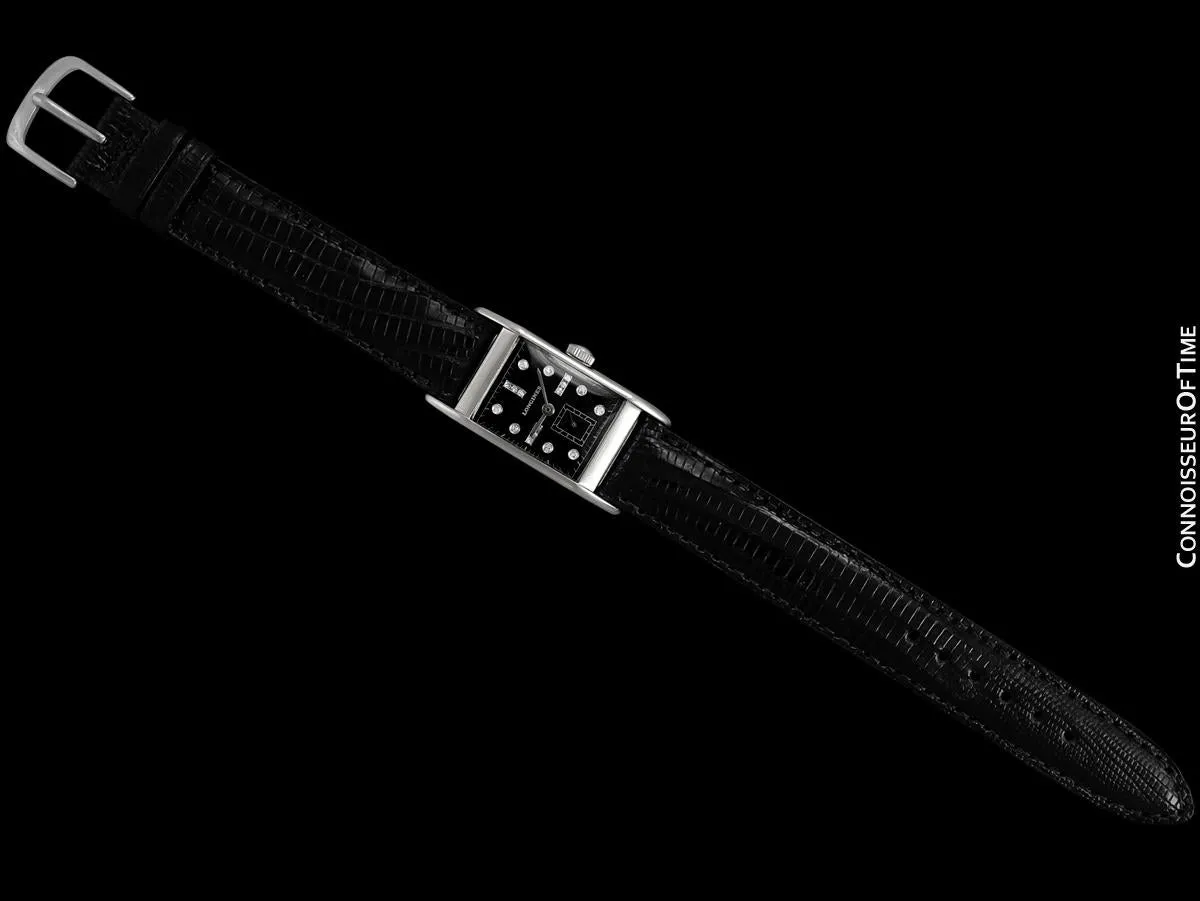 1949 Longines Vintage Mens Midsize Rectangular Watch - 14K White Gold & 17 Diamonds