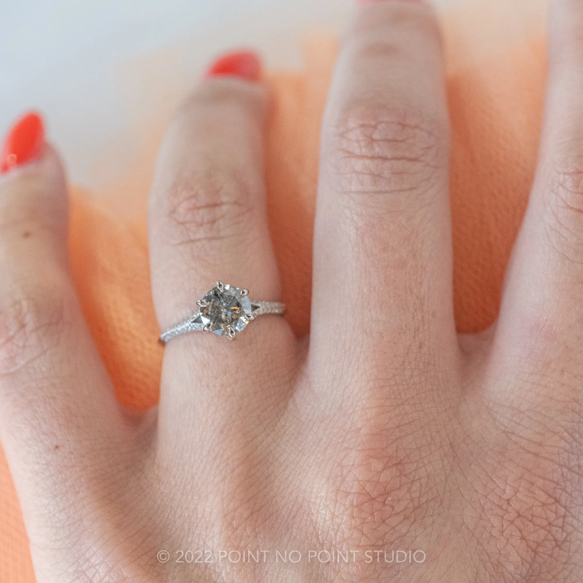 1.95 Carat Salt and Pepper Round Diamond Engagement Ring, Mackenzie Setting, 14K White Gold