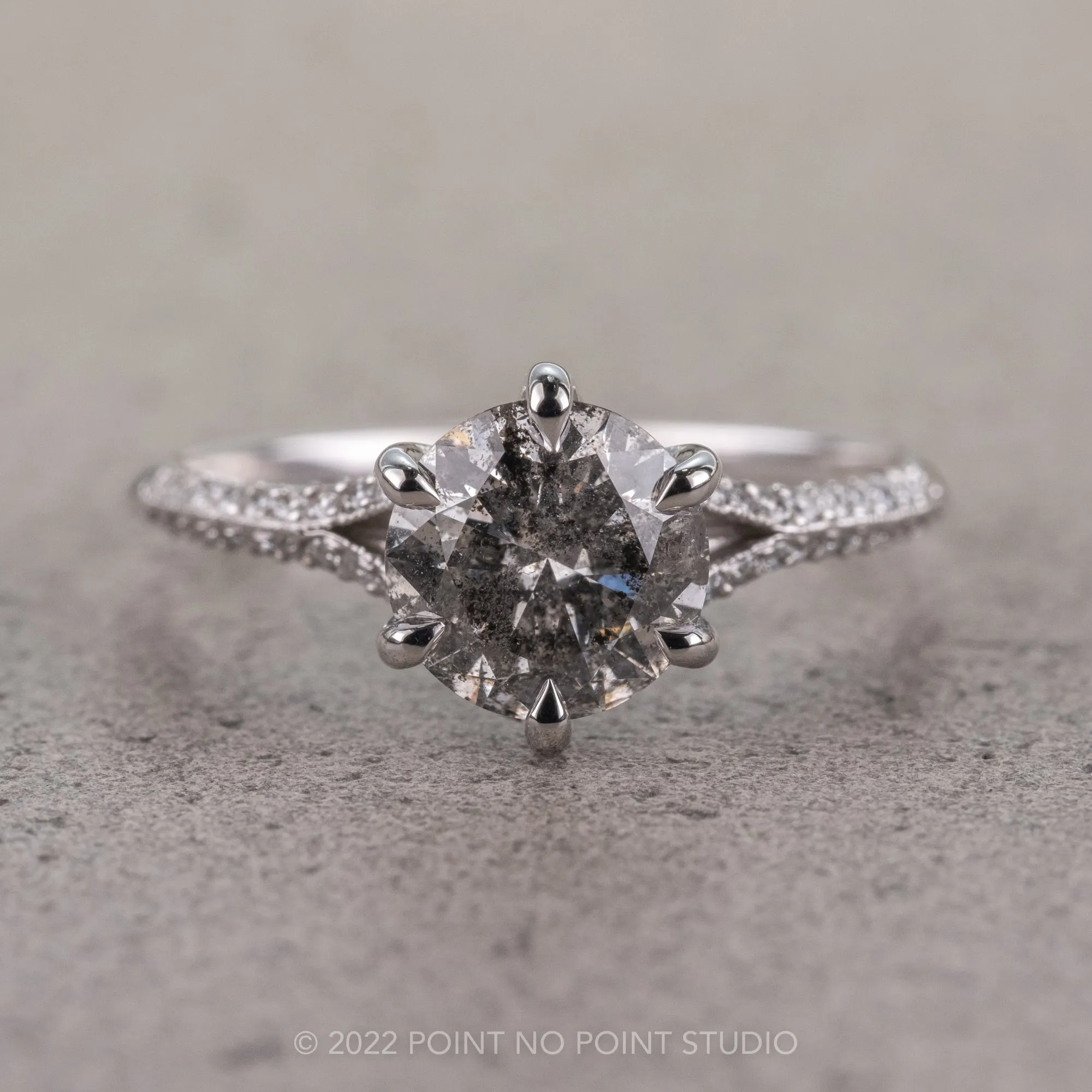 1.95 Carat Salt and Pepper Round Diamond Engagement Ring, Mackenzie Setting, 14K White Gold