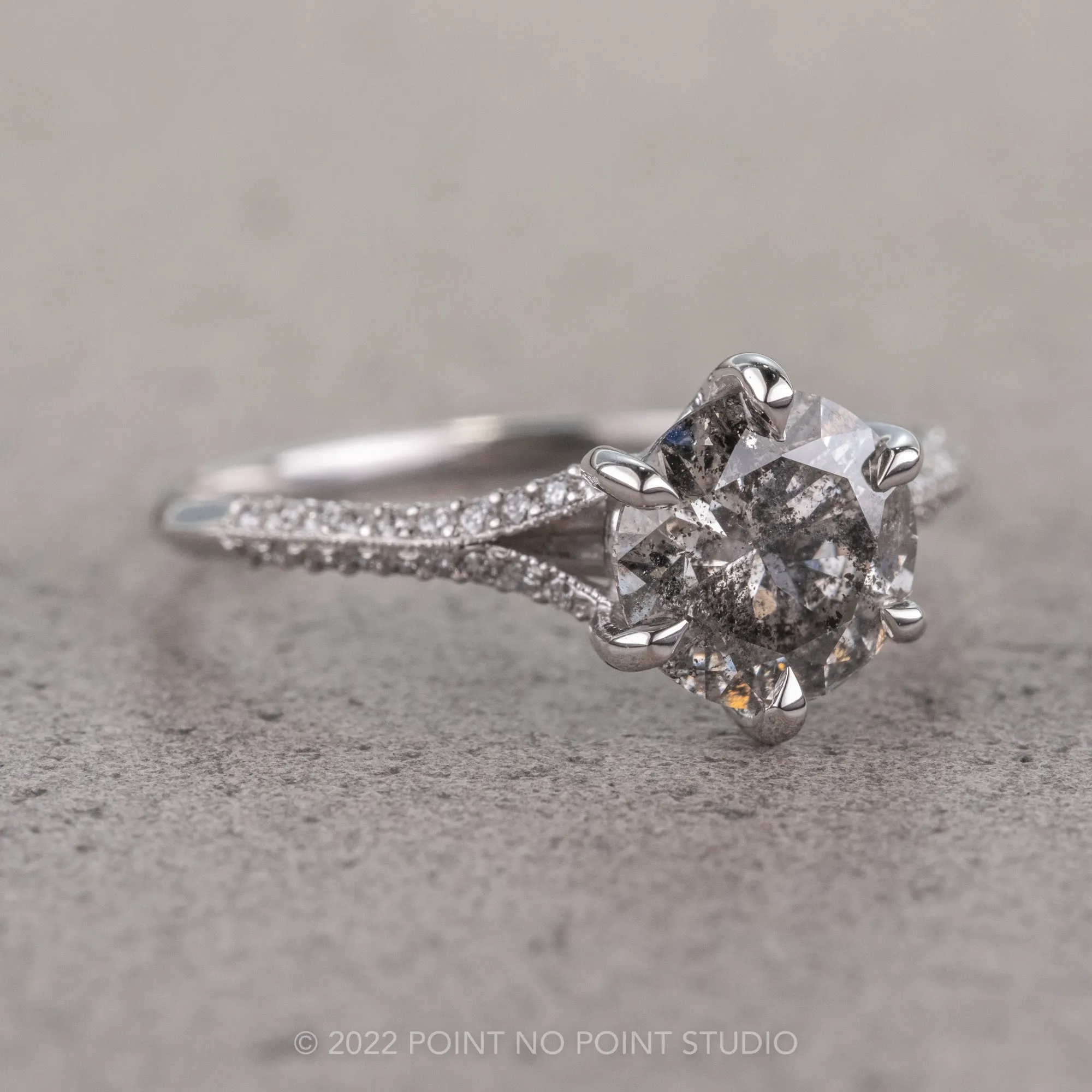 1.95 Carat Salt and Pepper Round Diamond Engagement Ring, Mackenzie Setting, 14K White Gold