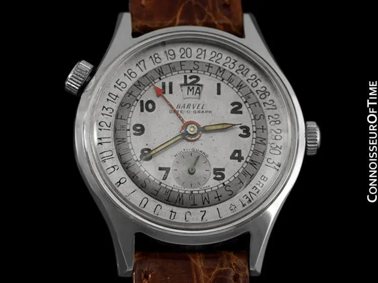 1950's Swiss Harvel Date-O-Graph Vintage Large Mens Triple Date Calendar Christian Watch - Stainless Steel