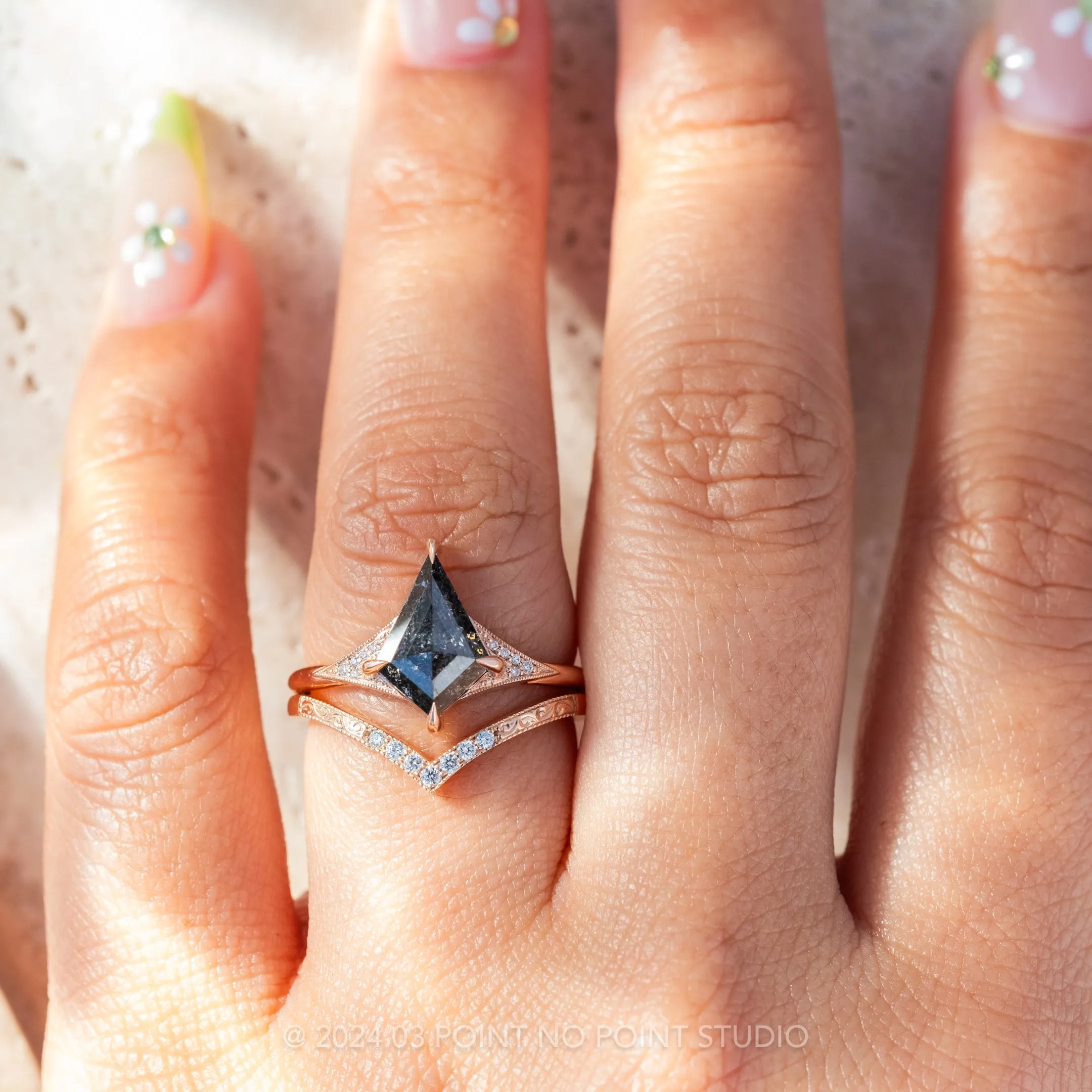 1.96 Carat Black Speckled Kite Diamond Engagement Ring, Aela Setting, 14K Rose Gold
