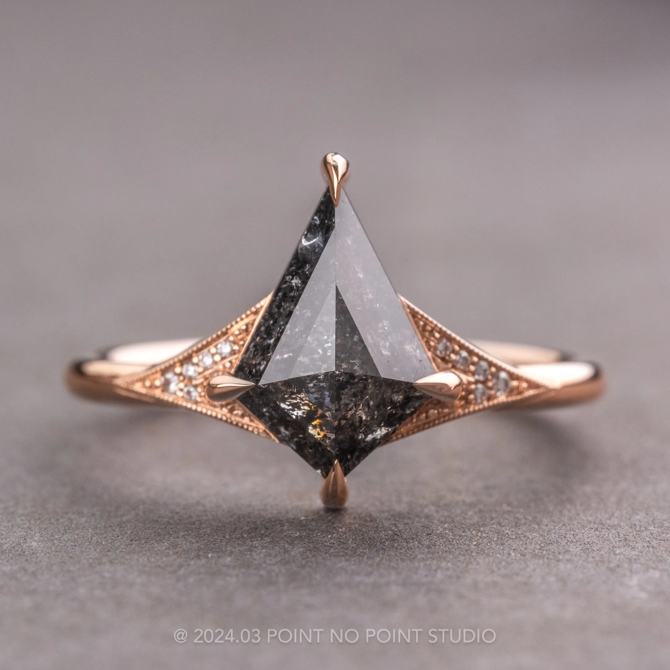1.96 Carat Black Speckled Kite Diamond Engagement Ring, Aela Setting, 14K Rose Gold