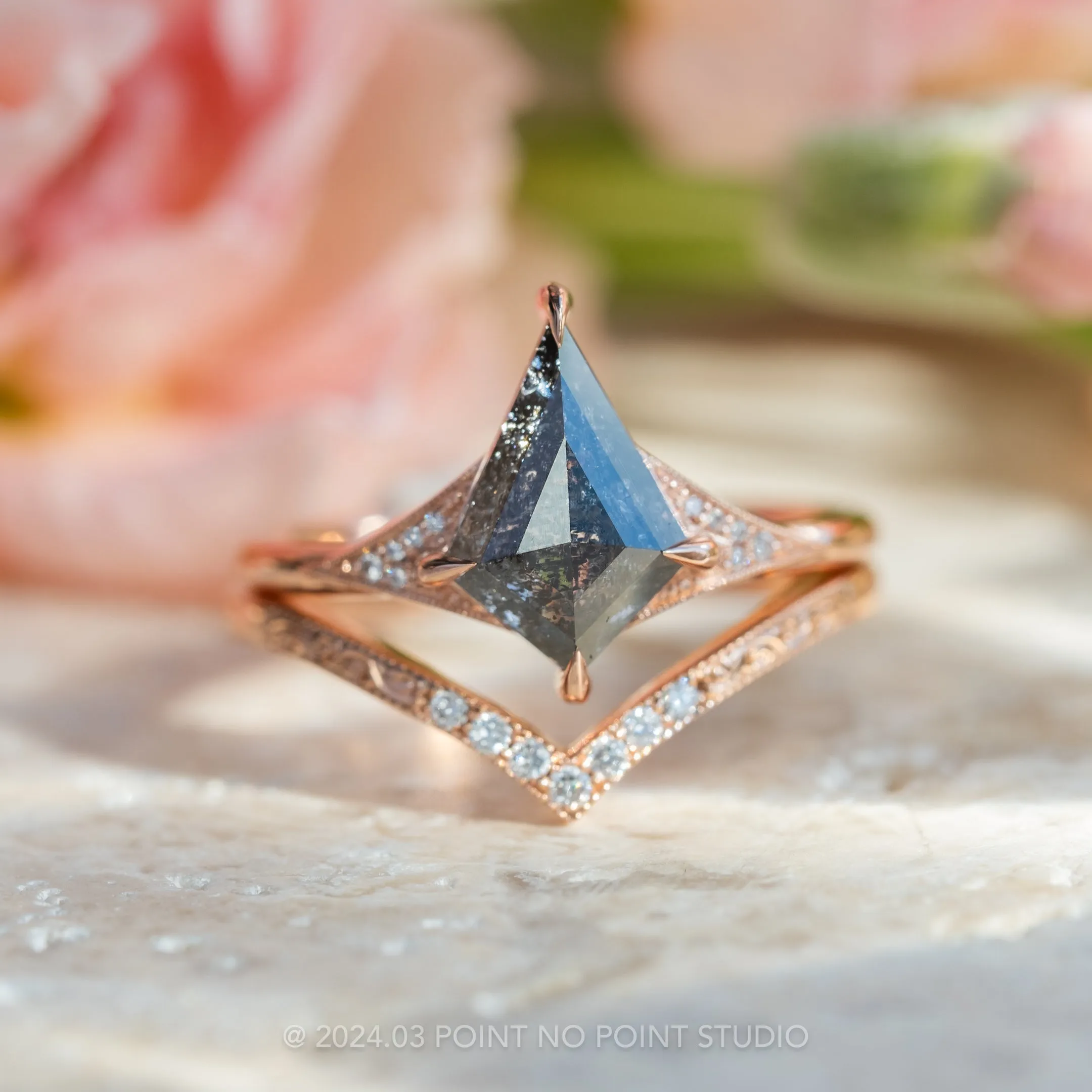 1.96 Carat Black Speckled Kite Diamond Engagement Ring, Aela Setting, 14K Rose Gold