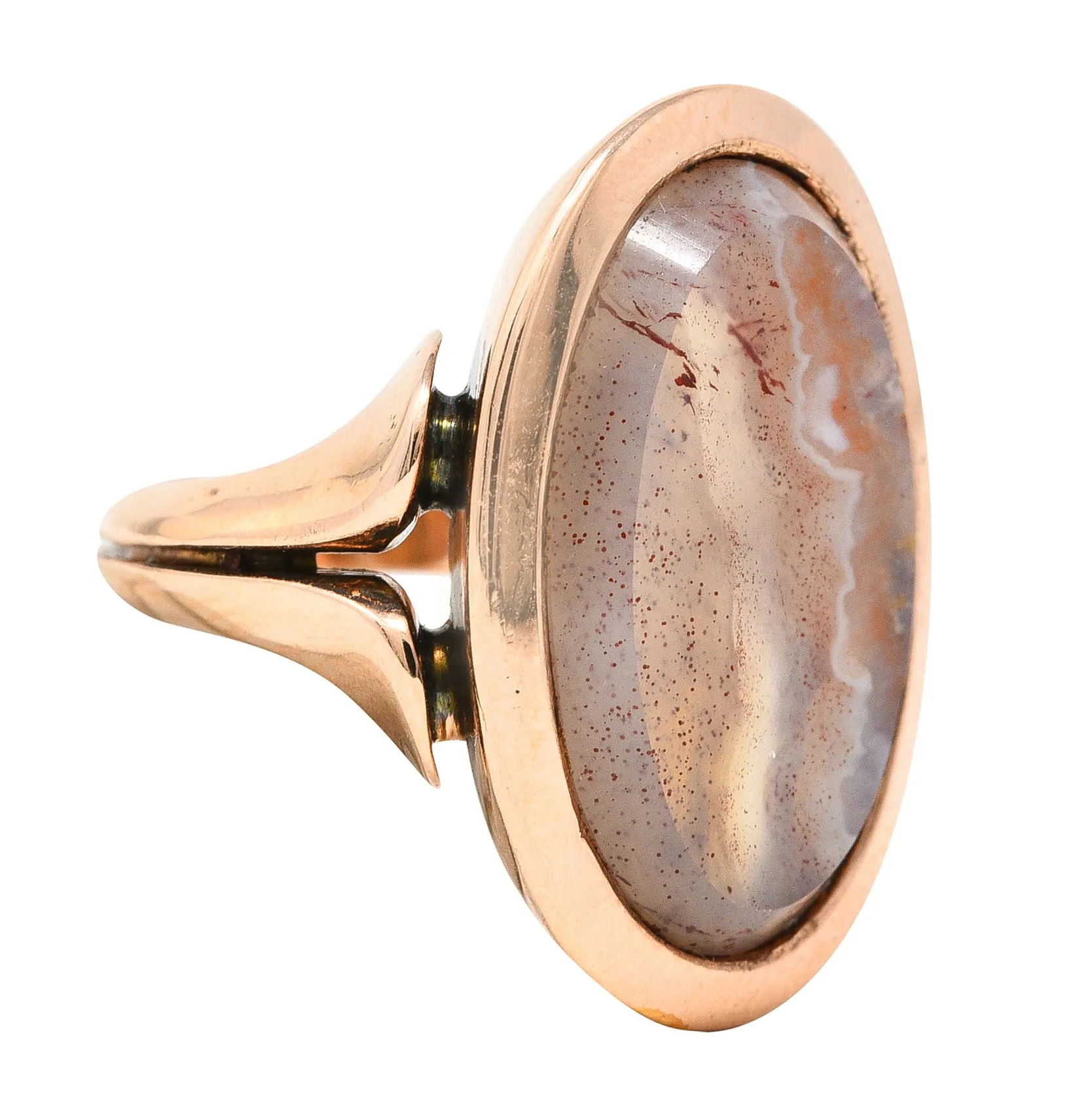 1960's Agate 14 Karat Rose Gold Gingko Leaf Vintage Signet Ring
