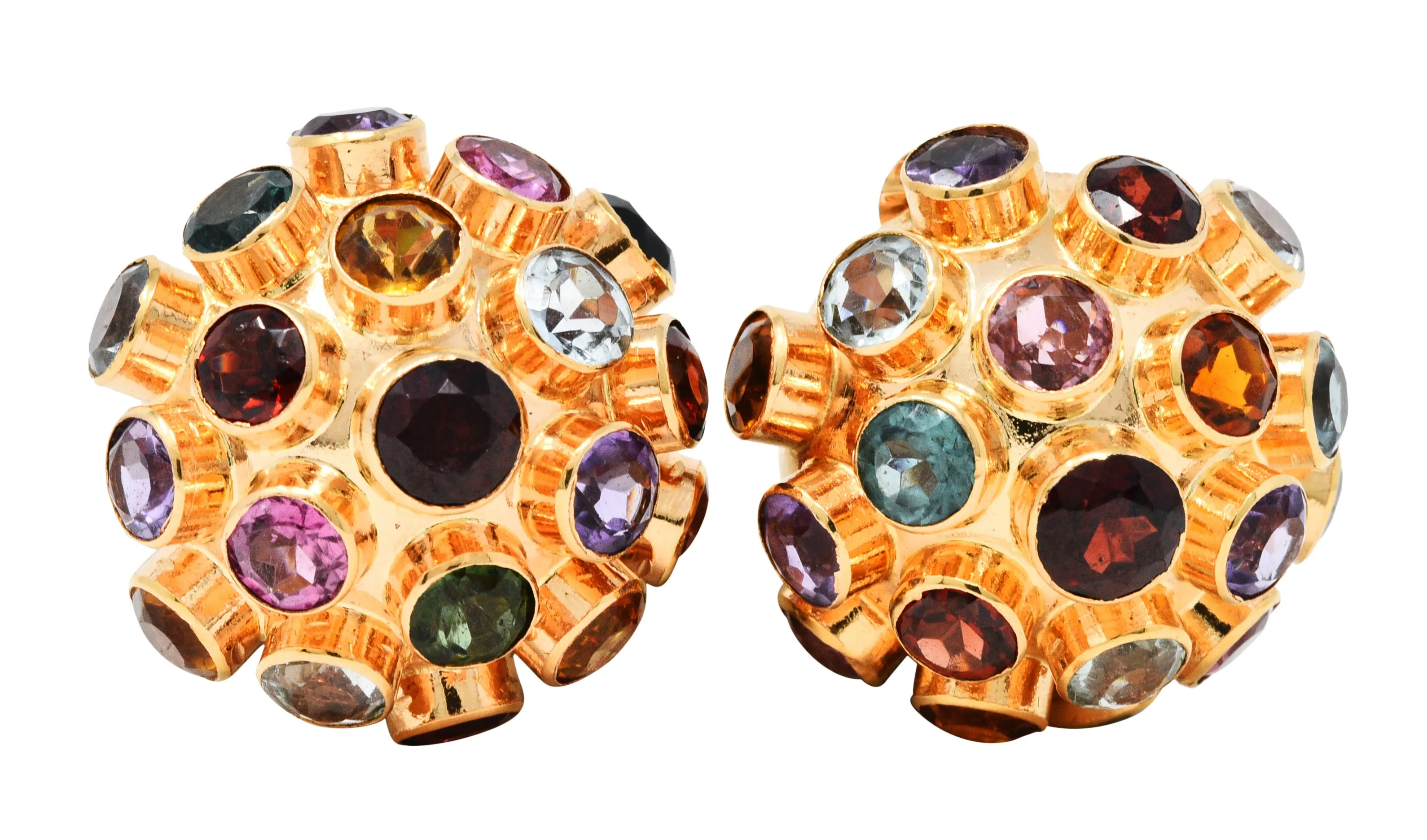 1960's Vintage Multi-Gem 14 Karat Rose Gold Sputnik Ear-Clip Earrings