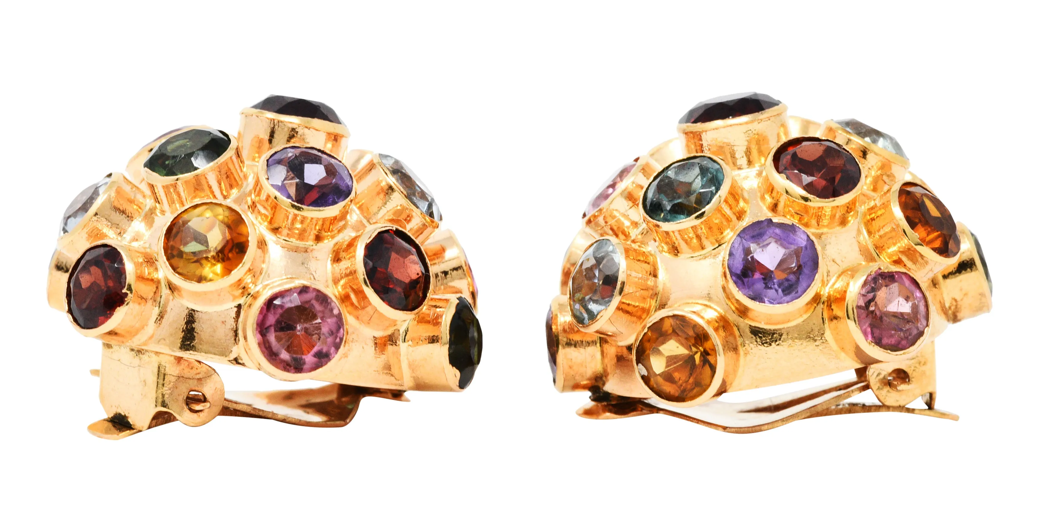 1960's Vintage Multi-Gem 14 Karat Rose Gold Sputnik Ear-Clip Earrings