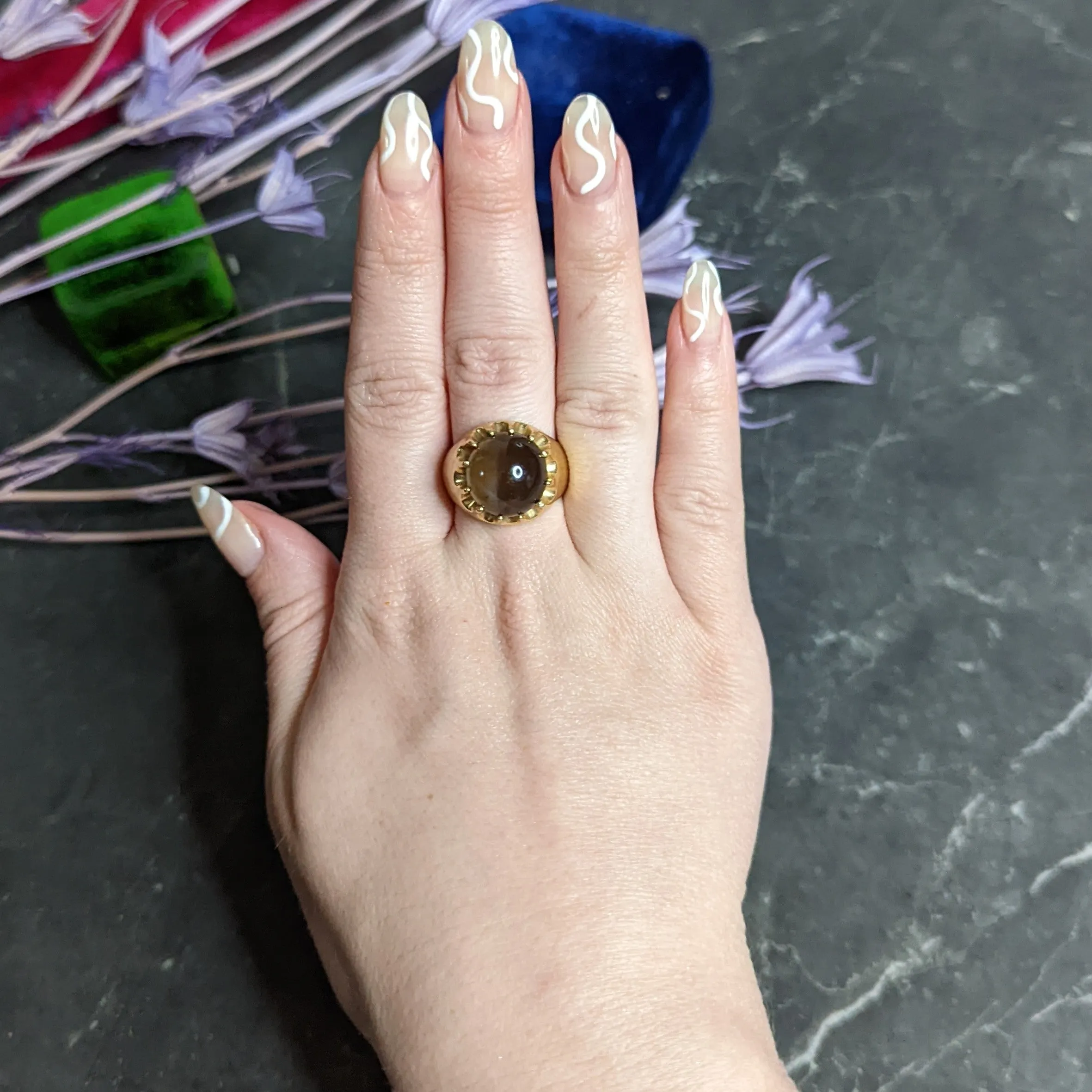 1960's Vintage Star Quartz 18 Karat Gold Belcher Set Statement Ring