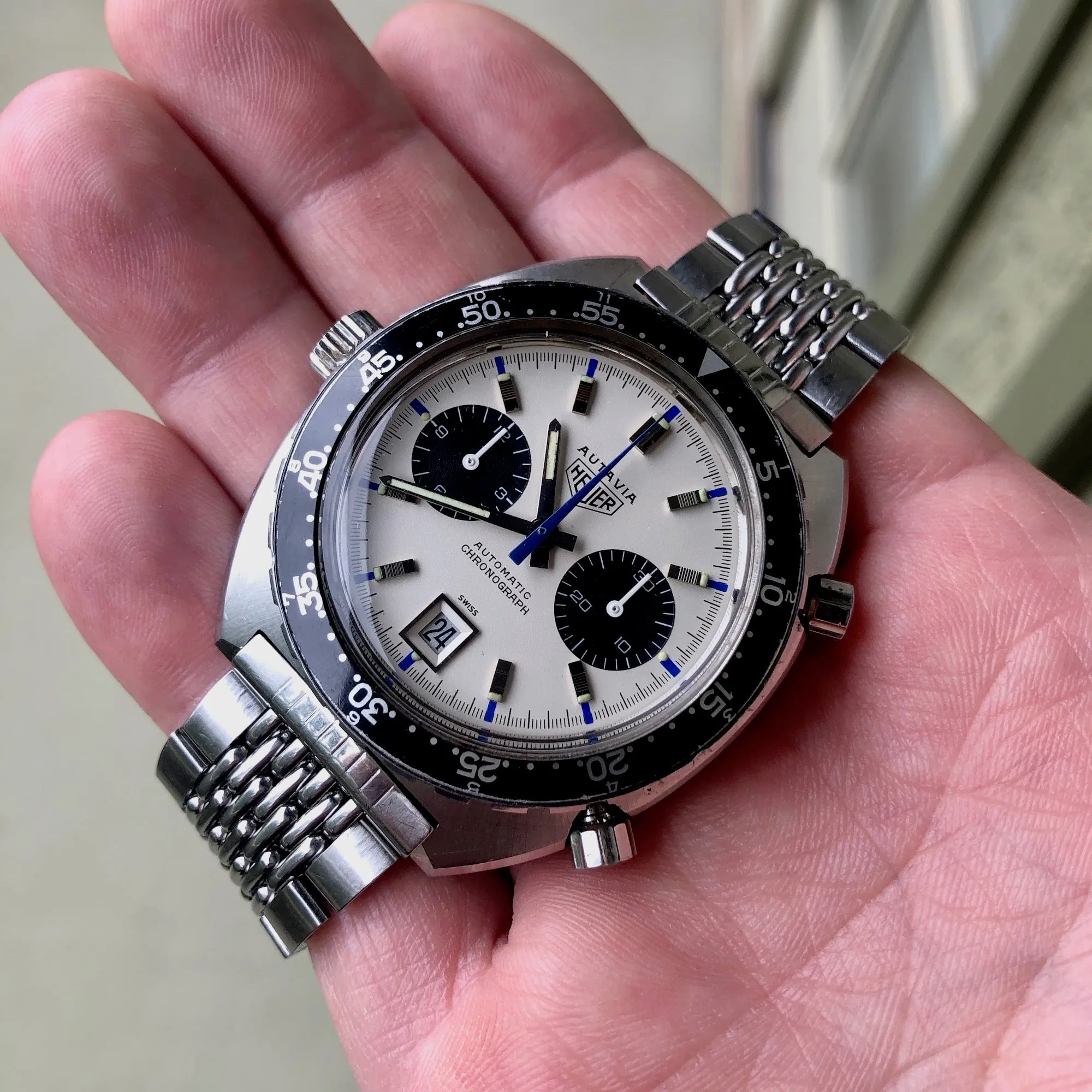 1969 Heuer Autavia 1163 Jo Siffert Mk. 2 Steel Chronograph MH Bezel Cal. 11 Wristwatch