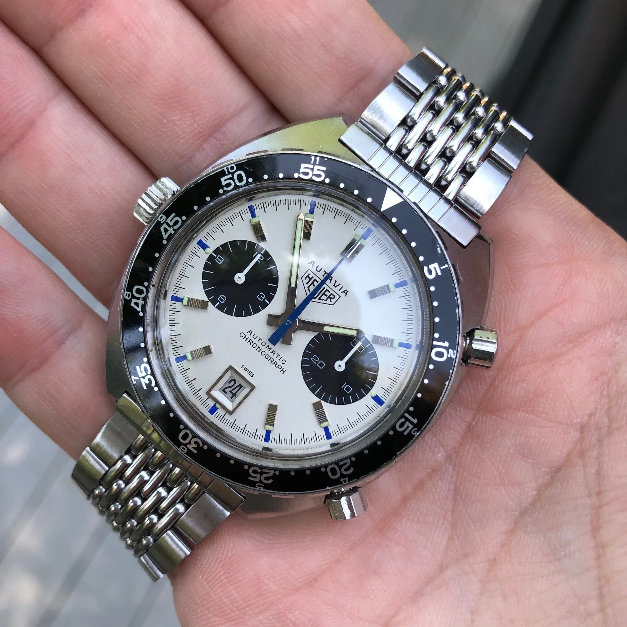 1969 Heuer Autavia 1163 Jo Siffert Mk. 2 Steel Chronograph MH Bezel Cal. 11 Wristwatch