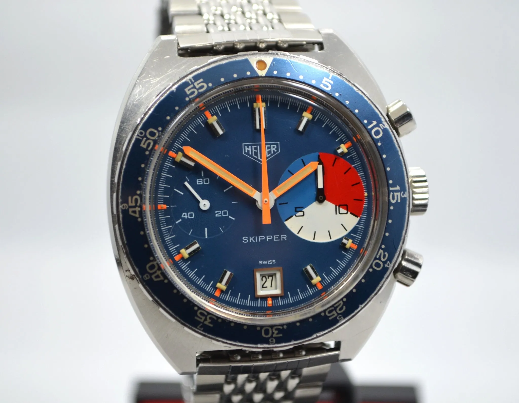 1970s Vintage Heuer Skipper 73463 Blue Steel Chronograph Valjoux 7734 Wristwatch