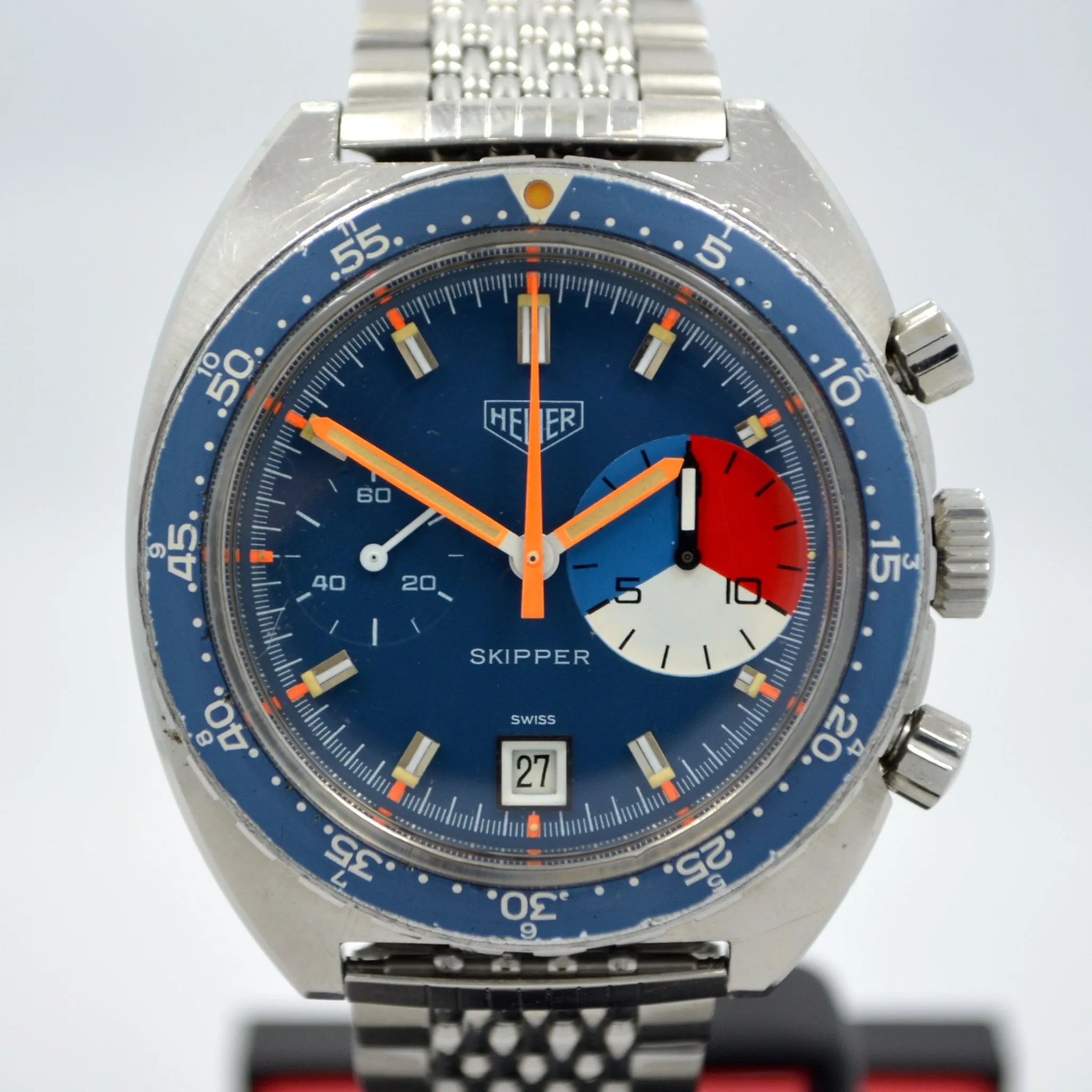 1970s Vintage Heuer Skipper 73463 Blue Steel Chronograph Valjoux 7734 Wristwatch