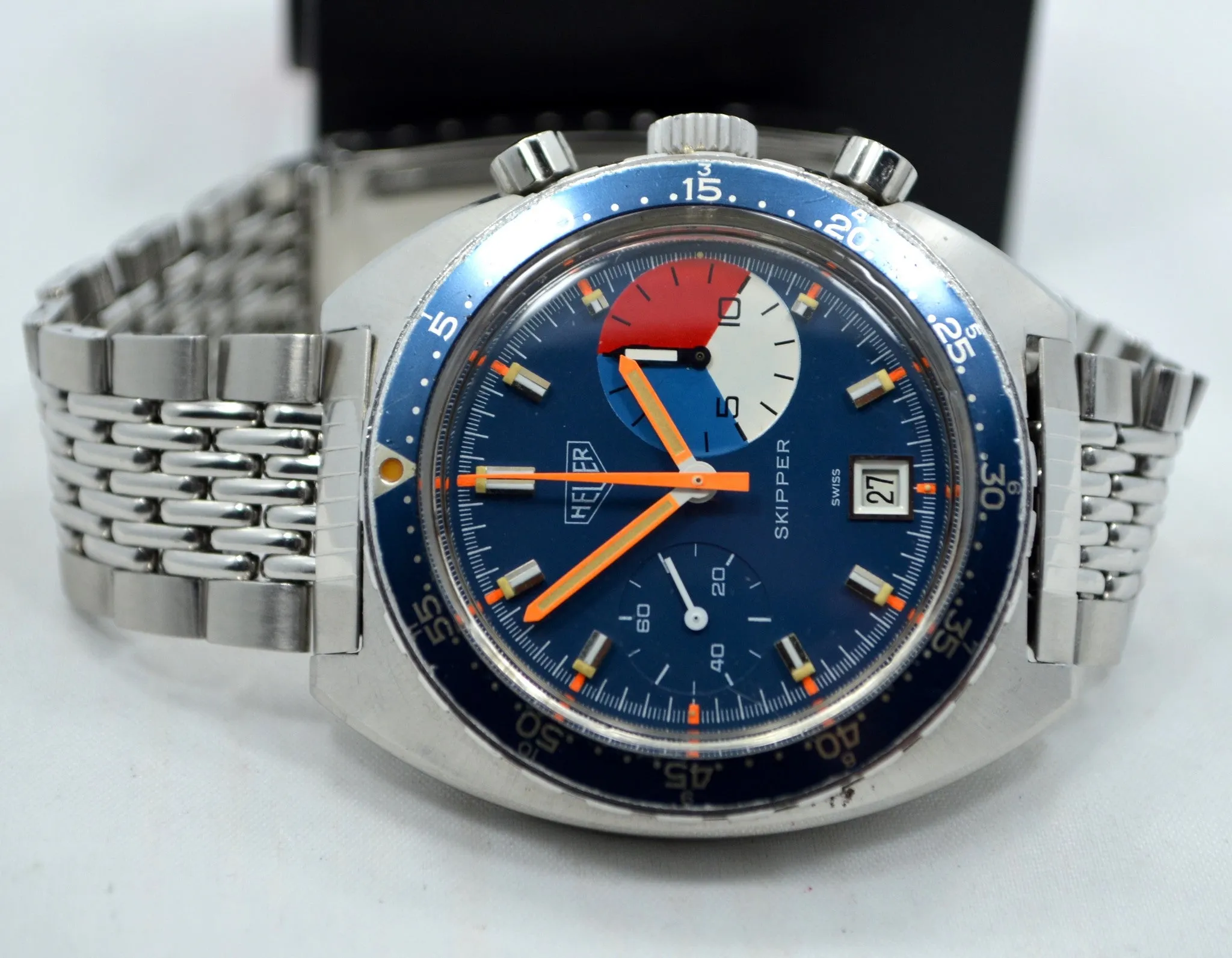 1970s Vintage Heuer Skipper 73463 Blue Steel Chronograph Valjoux 7734 Wristwatch