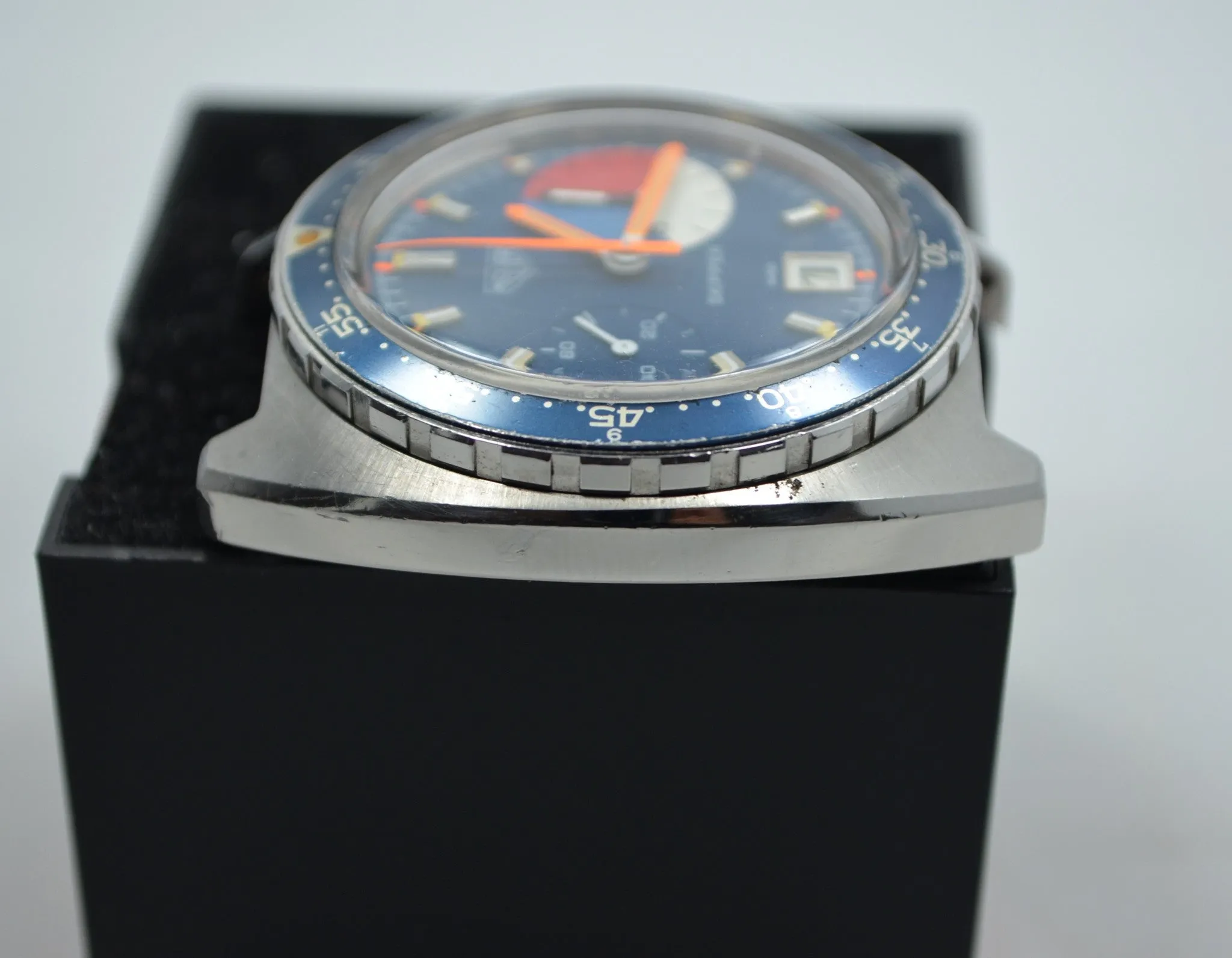 1970s Vintage Heuer Skipper 73463 Blue Steel Chronograph Valjoux 7734 Wristwatch