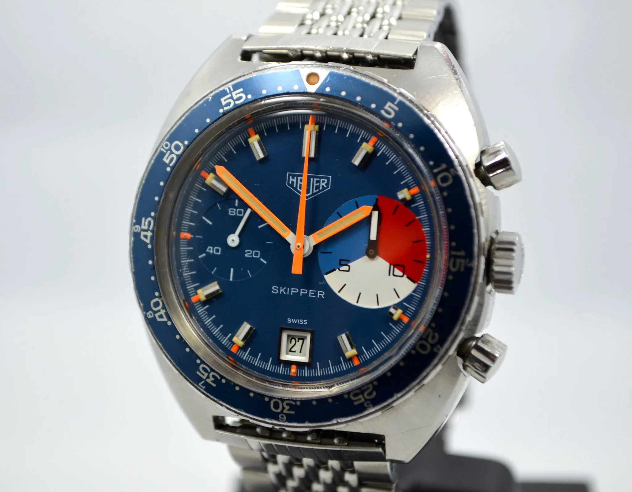 1970s Vintage Heuer Skipper 73463 Blue Steel Chronograph Valjoux 7734 Wristwatch