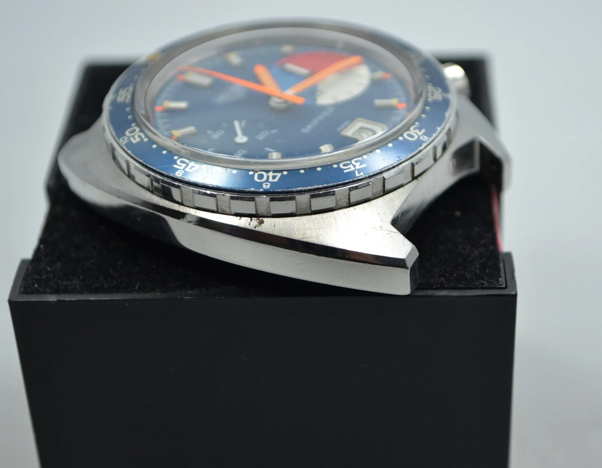 1970s Vintage Heuer Skipper 73463 Blue Steel Chronograph Valjoux 7734 Wristwatch