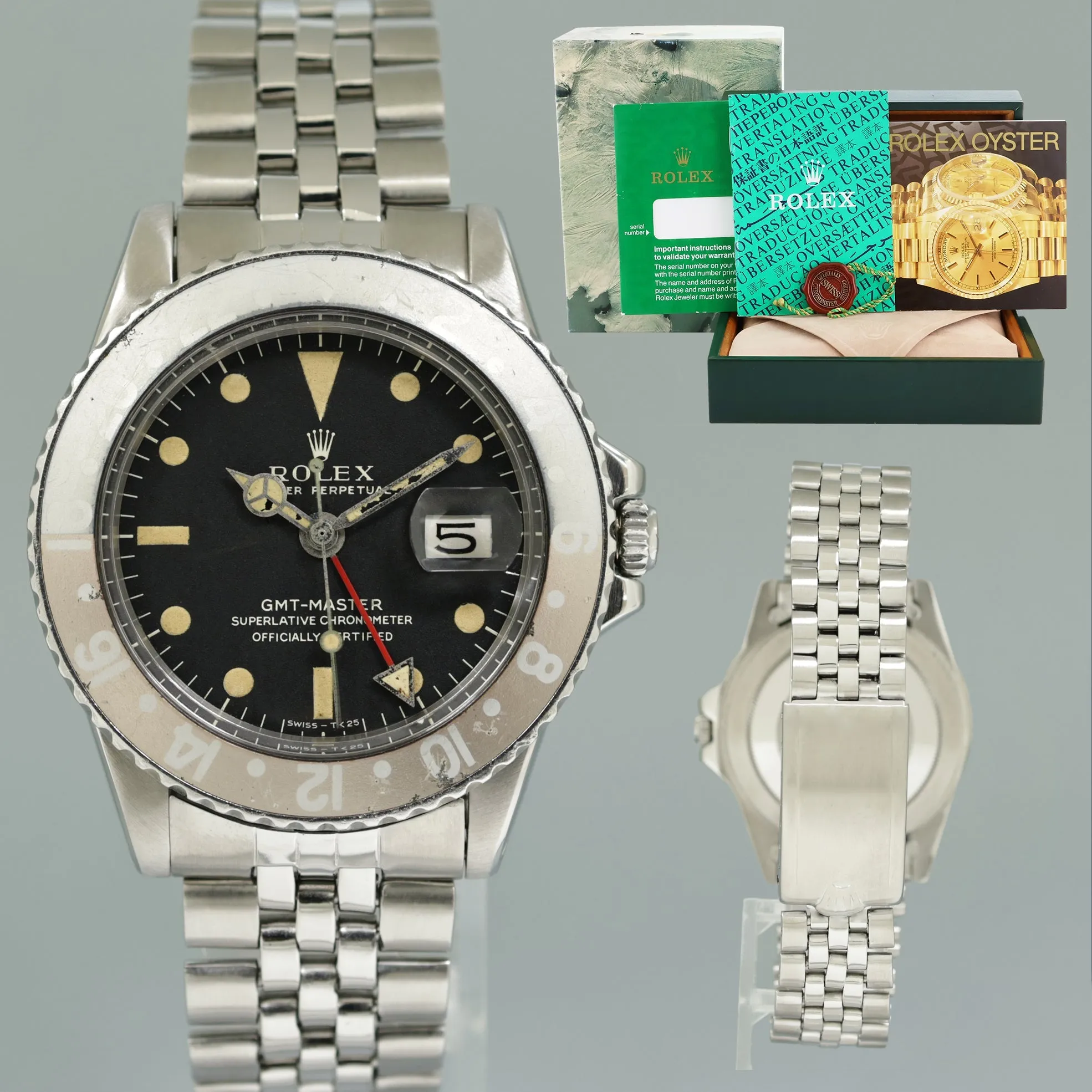 1971 Rolex GMT-Master Pepsi Blue Red Matte Dial Ghost 1675 Jubilee Steel Watch Box