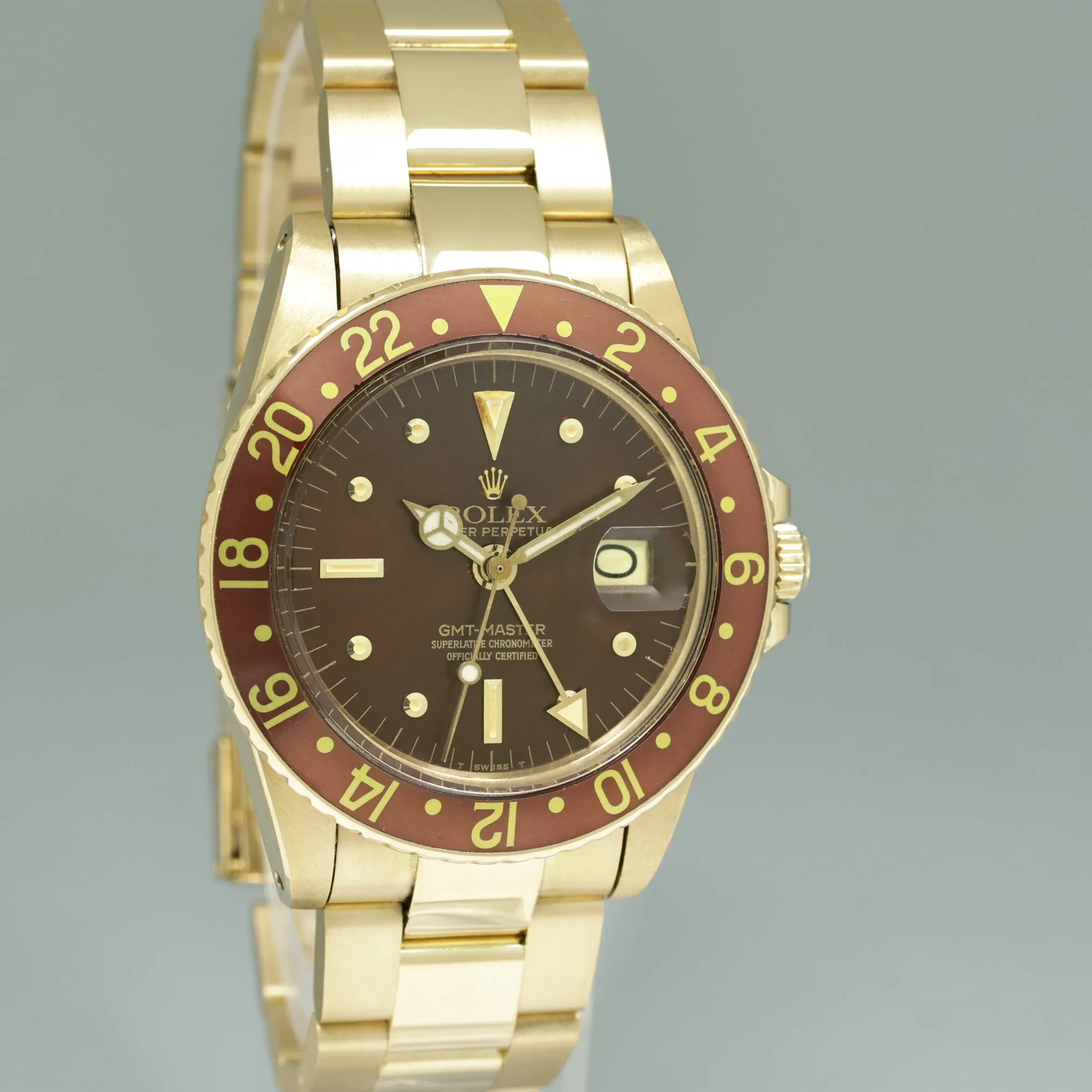 1980 Rolex Root Beer 1675 Yellow Gold GMT Master Brown Nipple Jubilee Watch Box