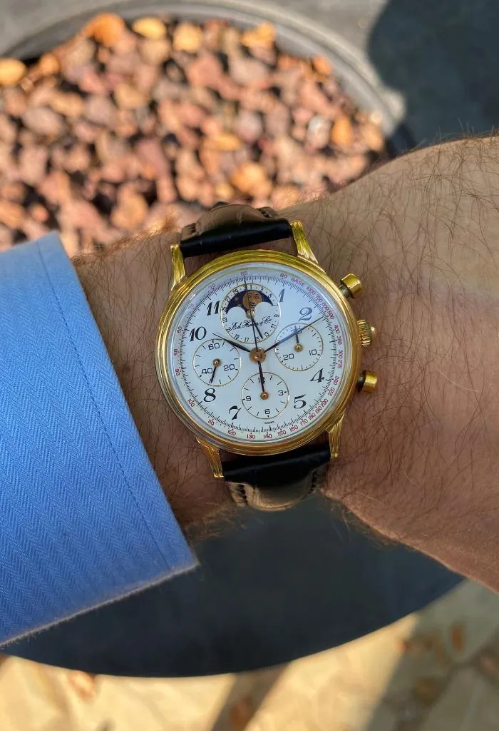 1985 Ed Heuer Mens Rare 125th Anniversary Ref. 188.205 Moon Phase "Golden Hours" Chronograph - 18K Gold Plated & Stainless Steel