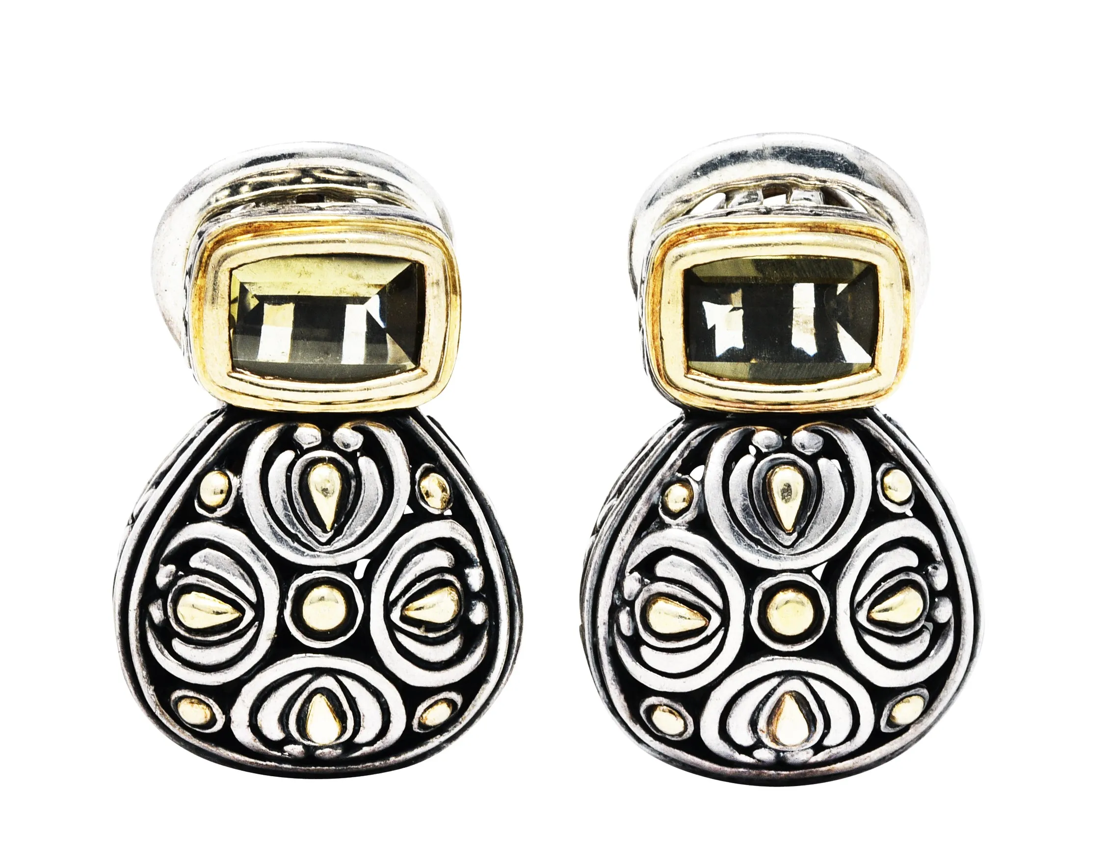 1990s John Hardy Lemon Quartz 18 Karat Gold Sterling Silver Batu Sari Collection Omega Earrings