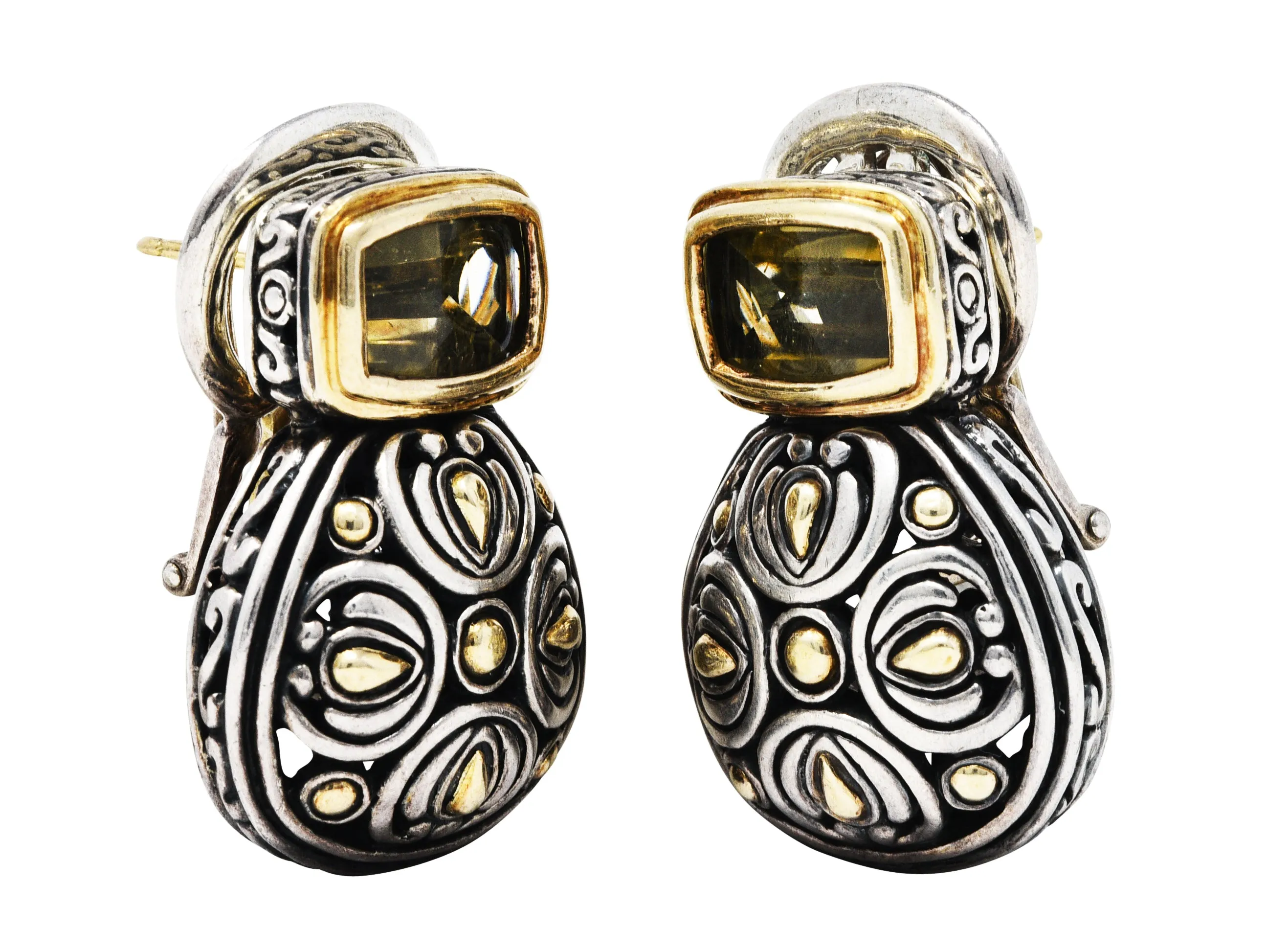 1990s John Hardy Lemon Quartz 18 Karat Gold Sterling Silver Batu Sari Collection Omega Earrings