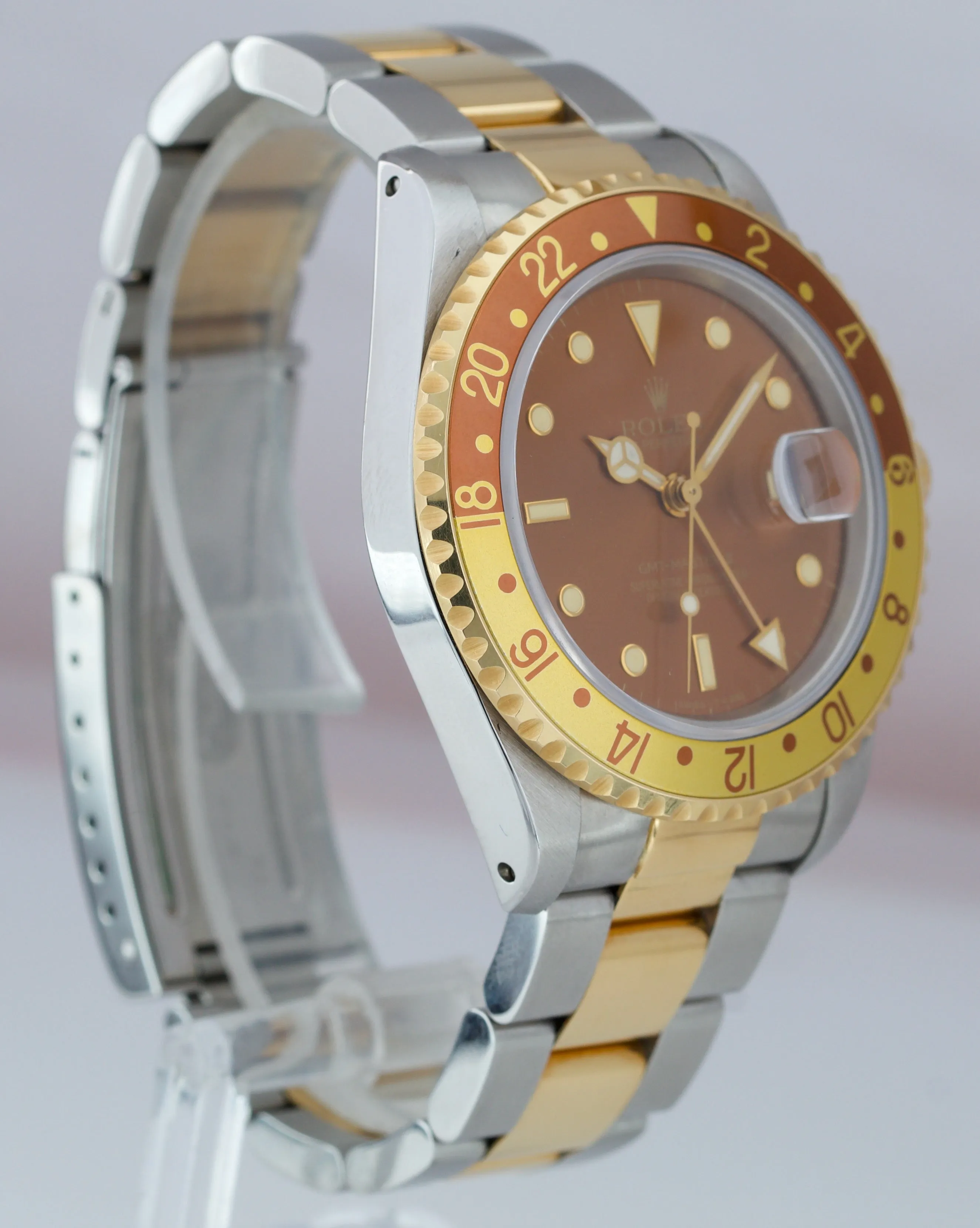1991 Rolex GMT-Master II Brown Root Beer GREEN STICKER Two-Tone Gold 16713 Watch