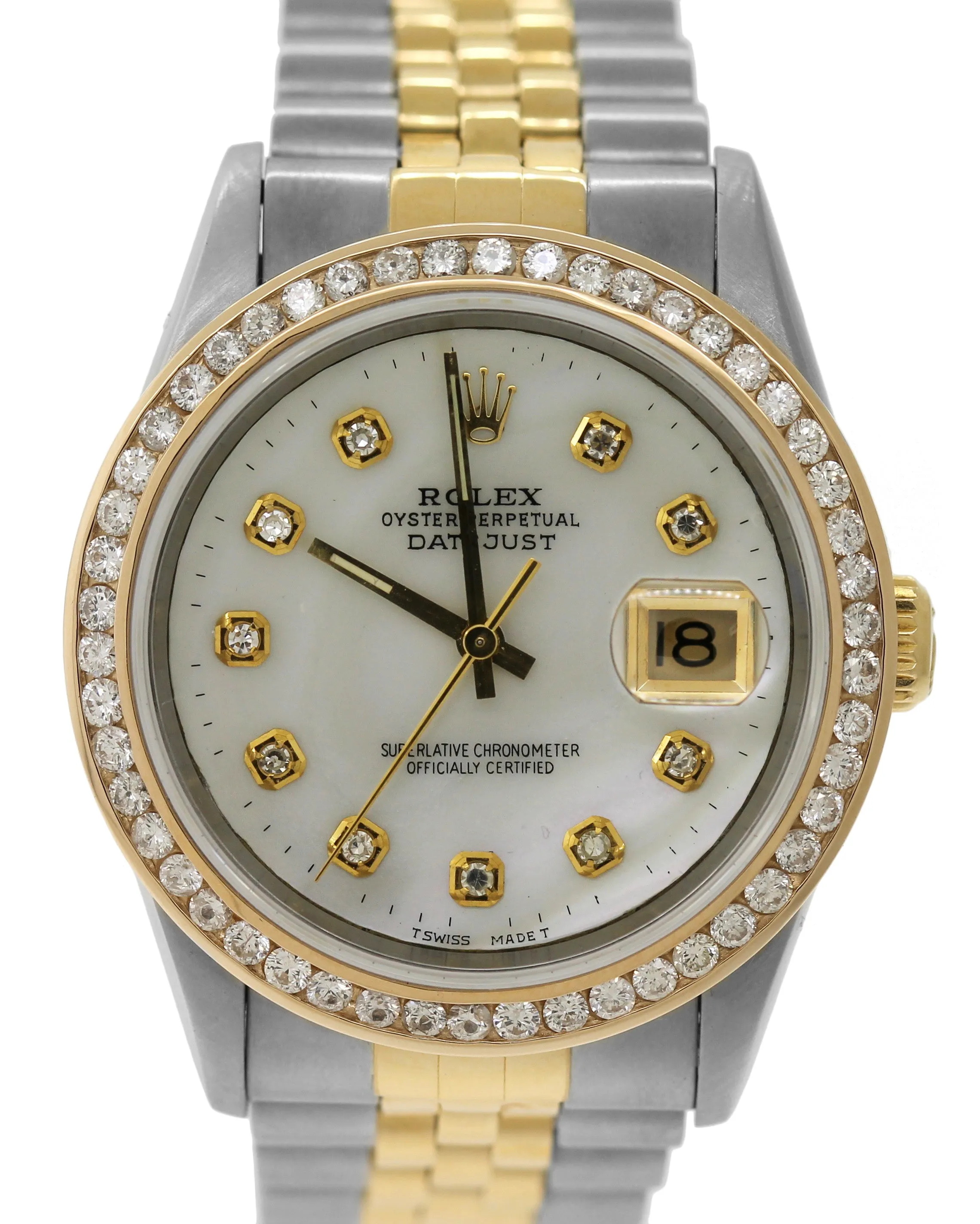 1993 Rolex DateJust 36mm MOP Diamond 16233 Two-Tone Gold Steel Jubilee Watch