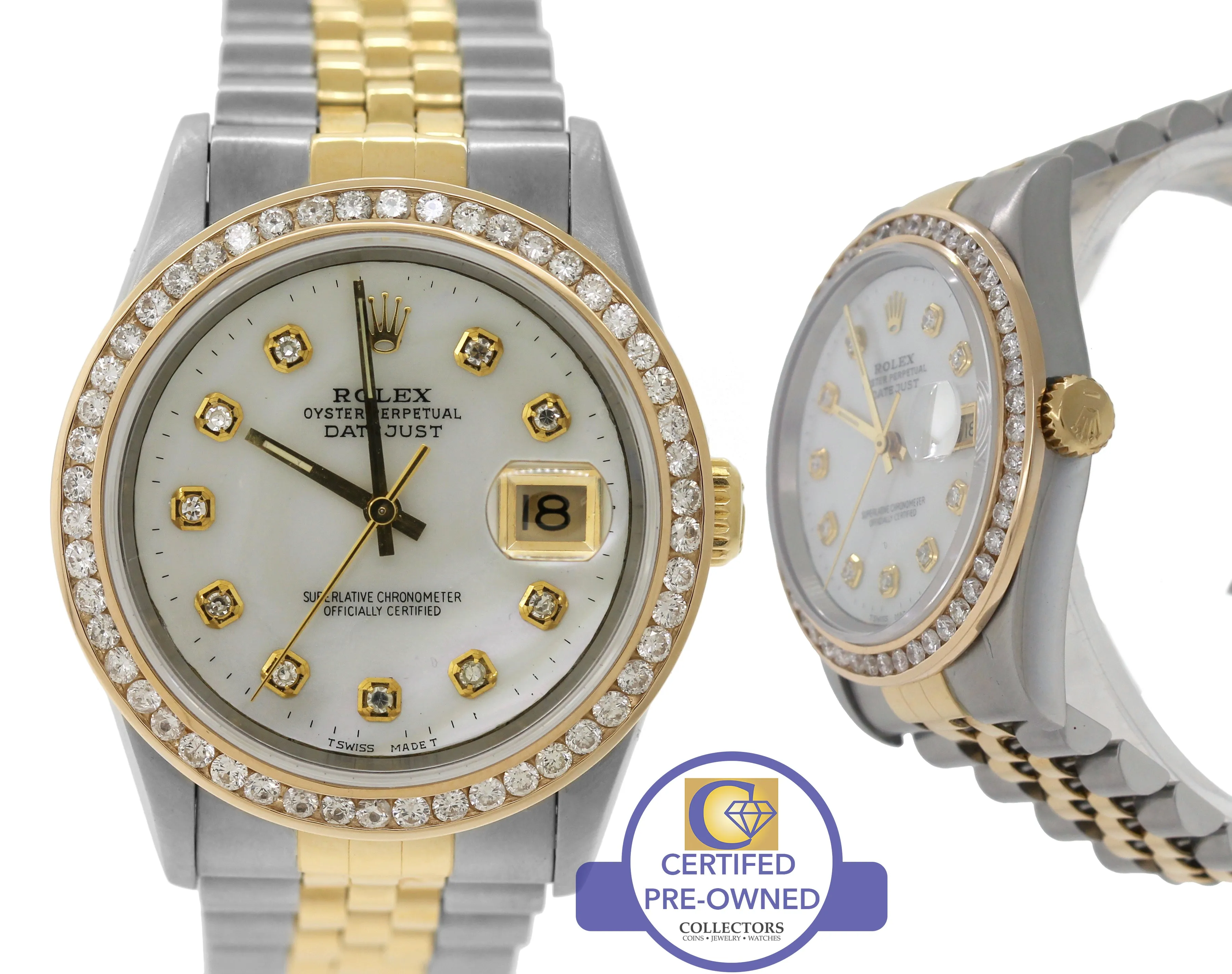 1993 Rolex DateJust 36mm MOP Diamond 16233 Two-Tone Gold Steel Jubilee Watch
