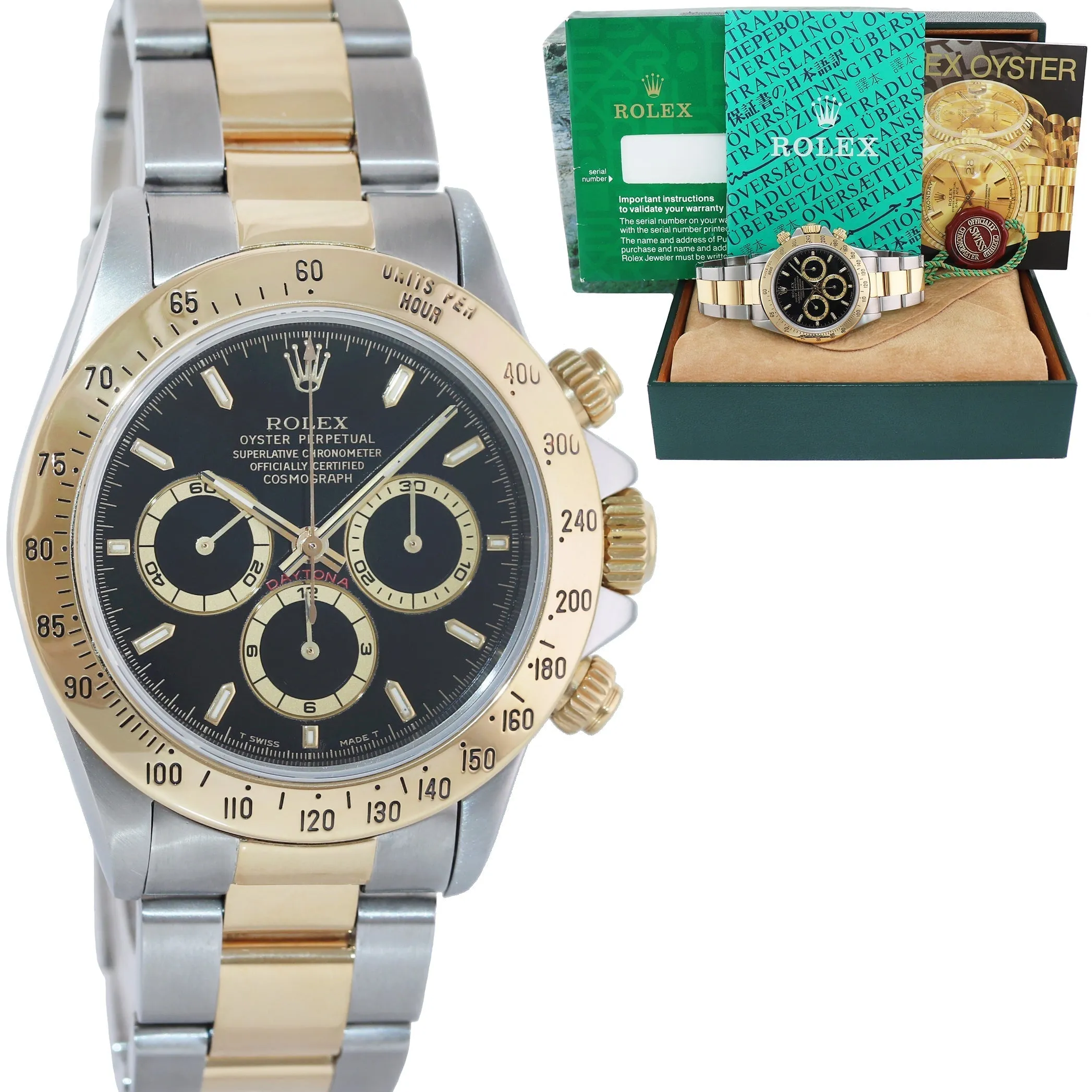 1994 MINT Rolex Daytona 16523 Zenith Black Yellow Gold Two Tone Watch Box