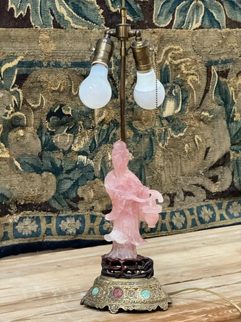 19th Century Rose Quartz Carved Figure Lamp with Jeweled Base