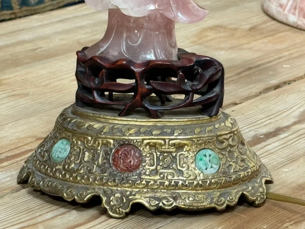 19th Century Rose Quartz Carved Figure Lamp with Jeweled Base
