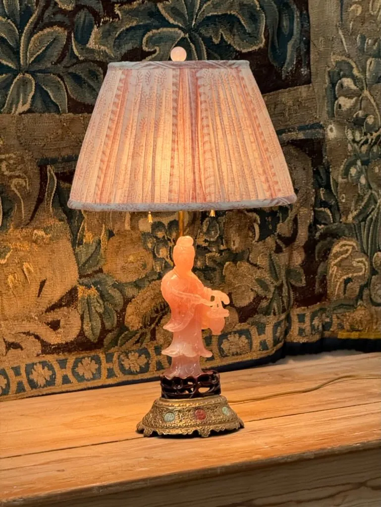 19th Century Rose Quartz Carved Figure Lamp with Jeweled Base