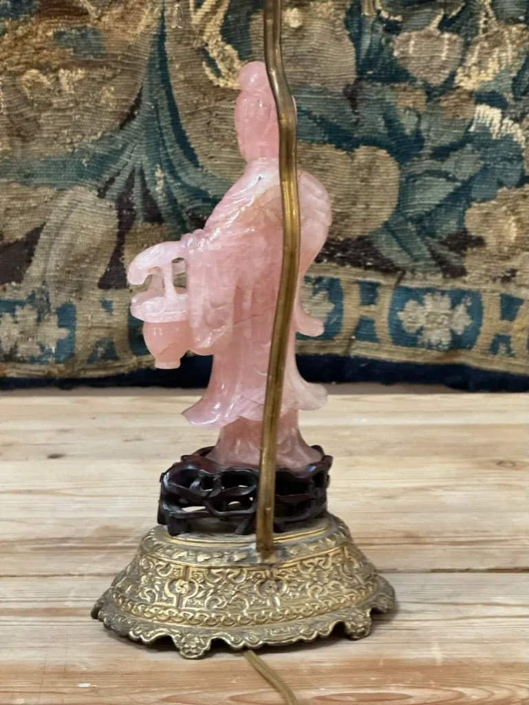19th Century Rose Quartz Carved Figure Lamp with Jeweled Base