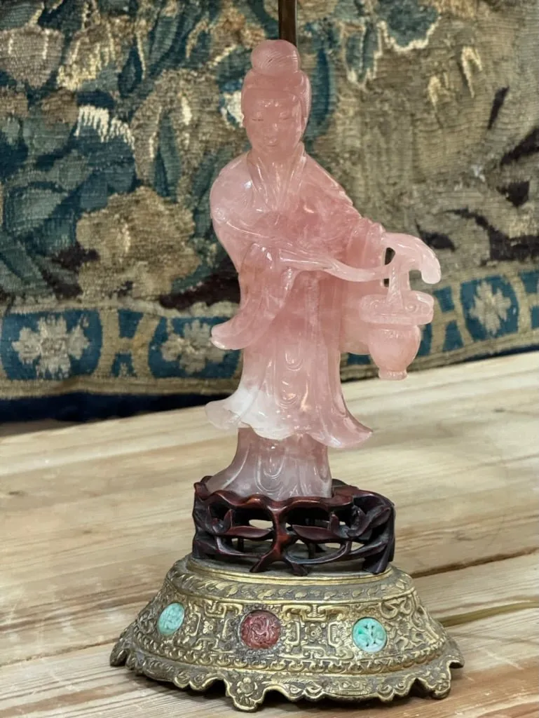 19th Century Rose Quartz Carved Figure Lamp with Jeweled Base