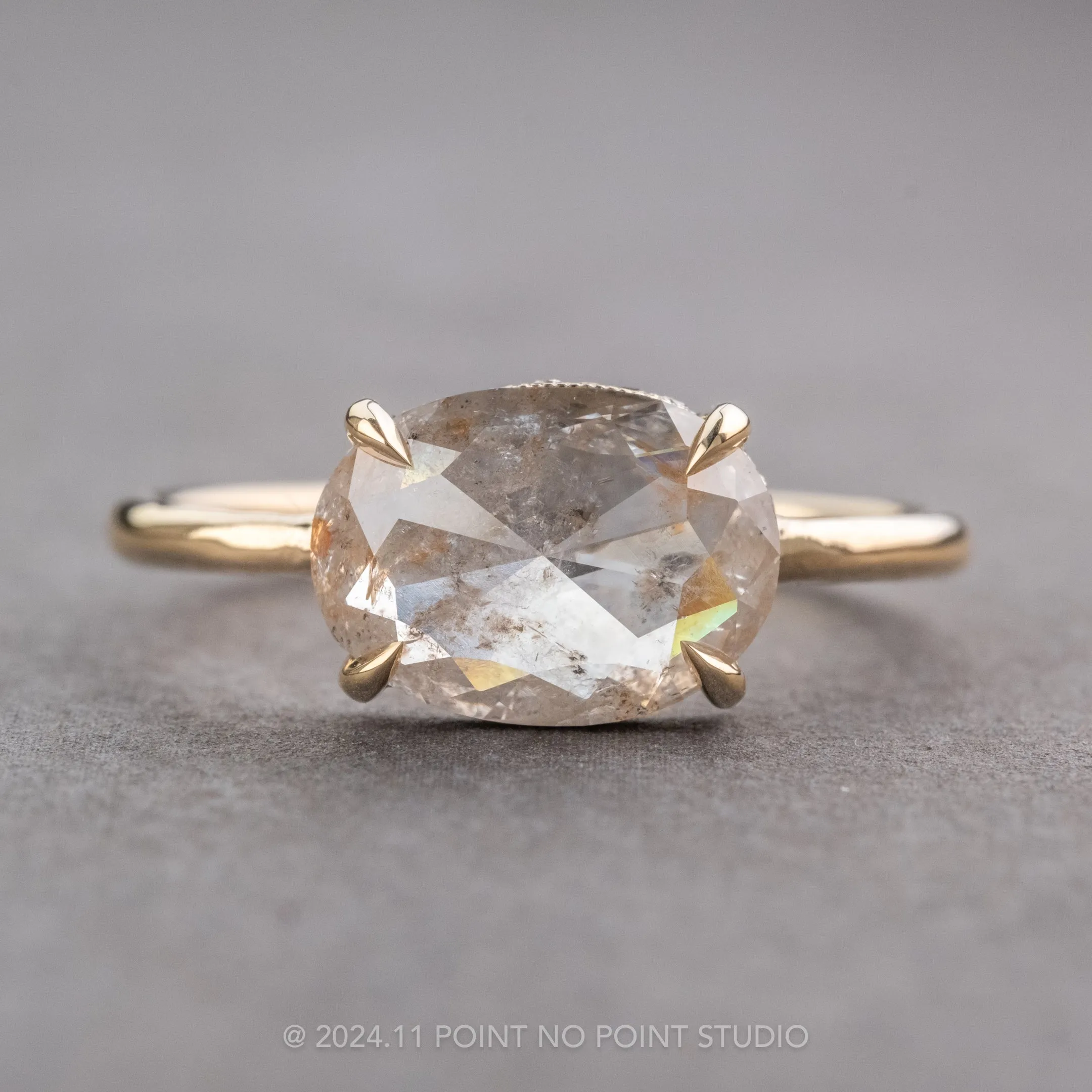 2 Carat Icy Salt and Pepper Oval Diamond Engagement Ring, Jade Setting, 14K Yellow Gold