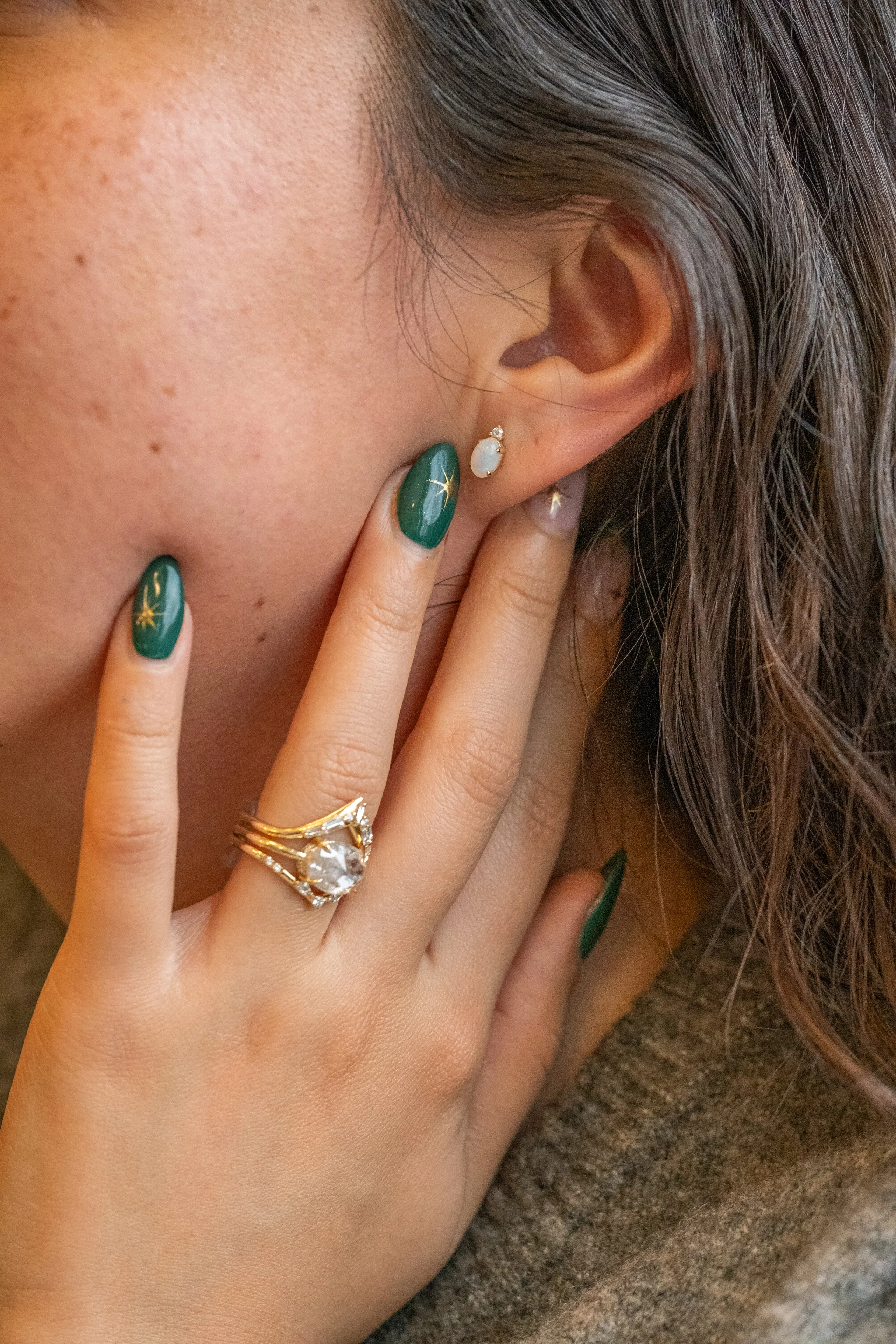 2 Carat Icy Salt and Pepper Oval Diamond Engagement Ring, Jade Setting, 14K Yellow Gold