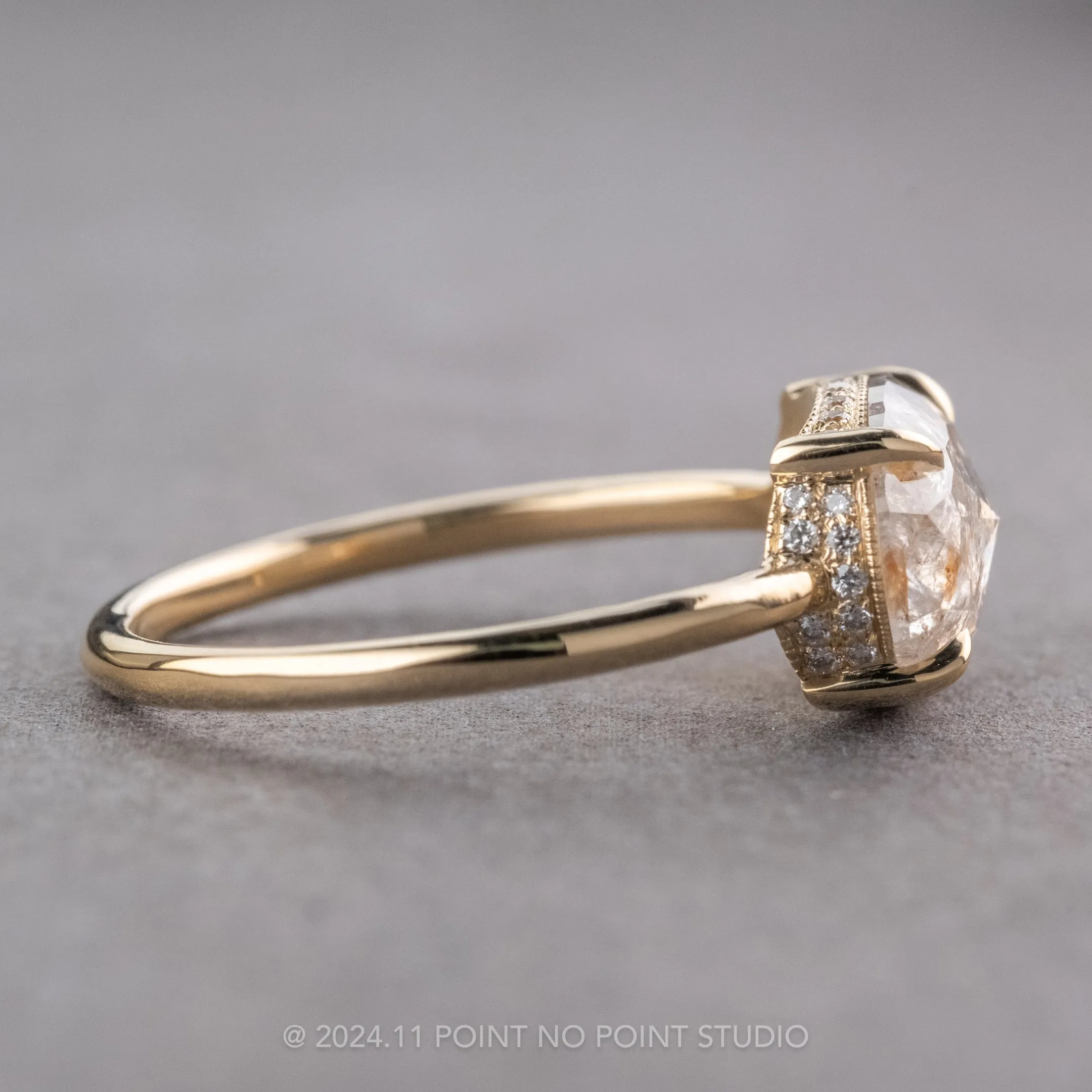 2 Carat Icy Salt and Pepper Oval Diamond Engagement Ring, Jade Setting, 14K Yellow Gold