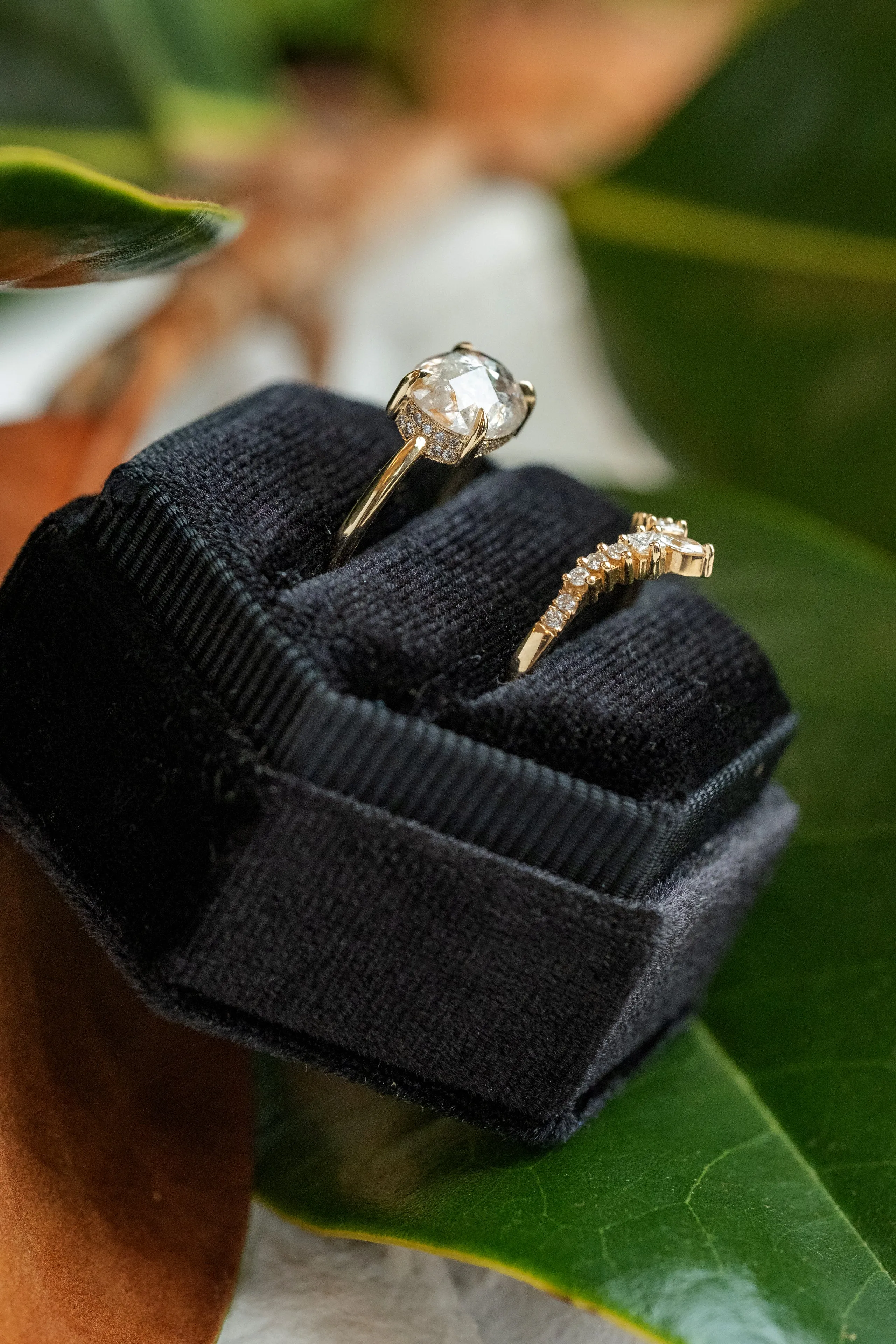2 Carat Icy Salt and Pepper Oval Diamond Engagement Ring, Jade Setting, 14K Yellow Gold