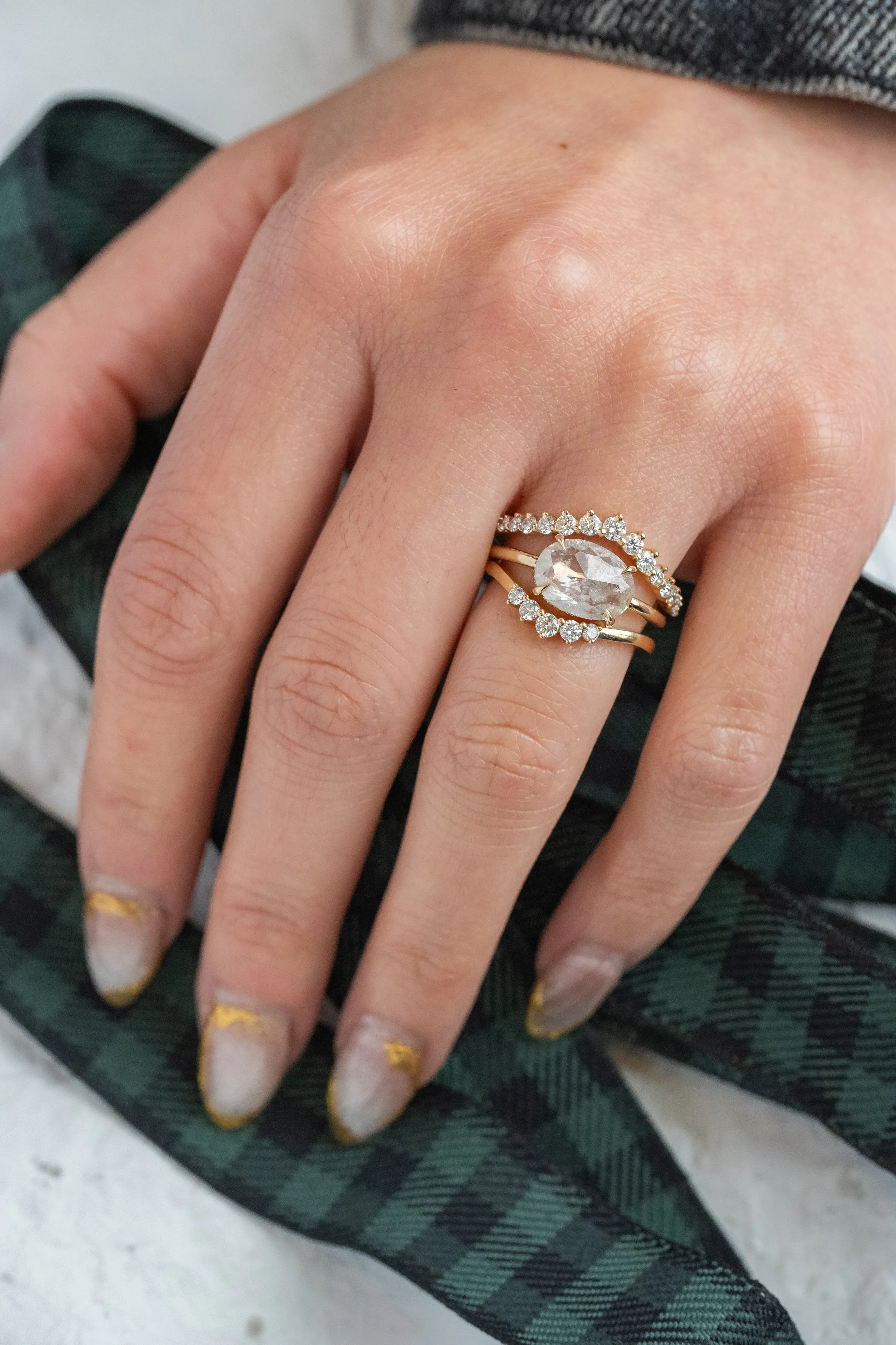 2 Carat Icy Salt and Pepper Oval Diamond Engagement Ring, Jade Setting, 14K Yellow Gold