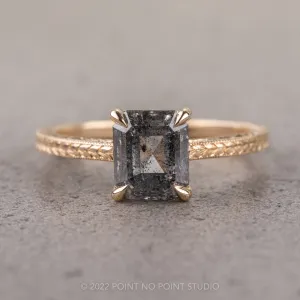 2 Carat Salt and Pepper Emerald Shaped Diamond Engagement Ring, Engraved Lark Setting, 14K Yellow Gold