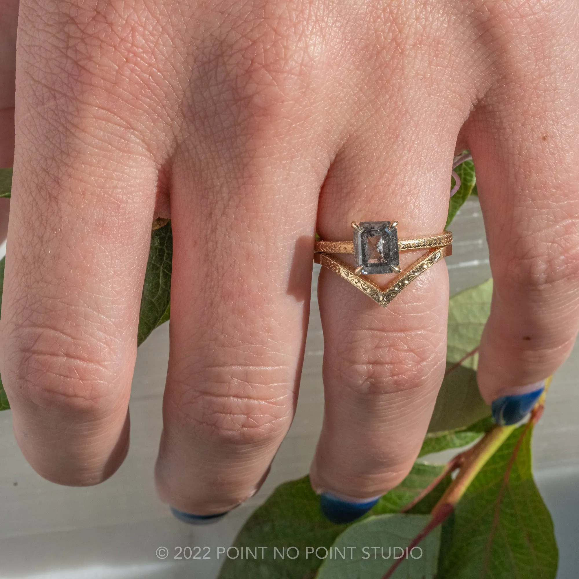 2 Carat Salt and Pepper Emerald Shaped Diamond Engagement Ring, Engraved Lark Setting, 14K Yellow Gold