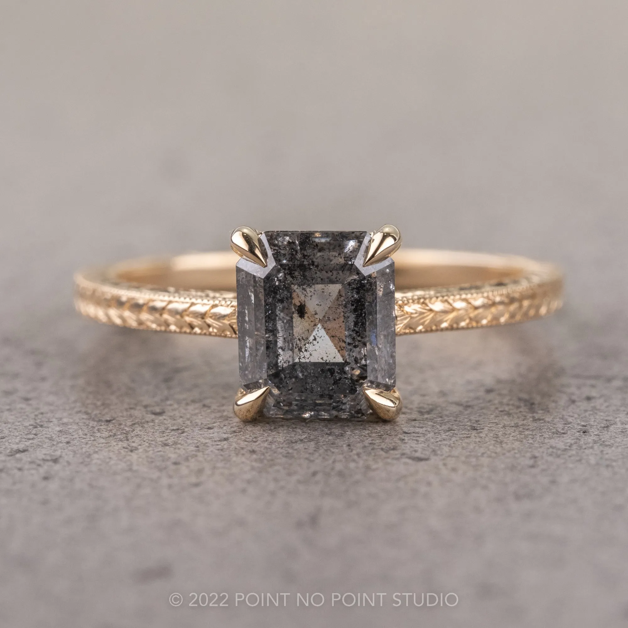 2 Carat Salt and Pepper Emerald Shaped Diamond Engagement Ring, Engraved Lark Setting, 14K Yellow Gold