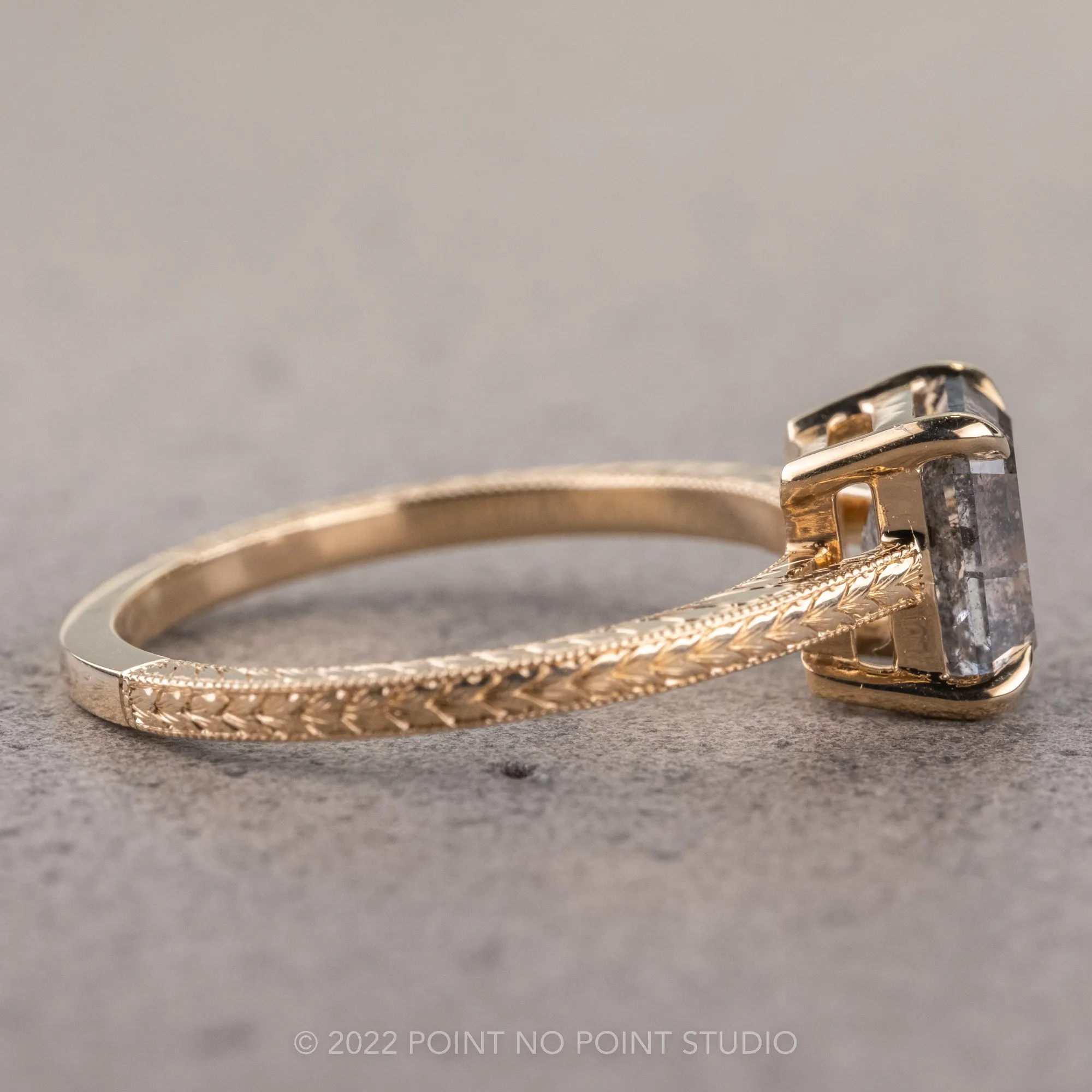 2 Carat Salt and Pepper Emerald Shaped Diamond Engagement Ring, Engraved Lark Setting, 14K Yellow Gold