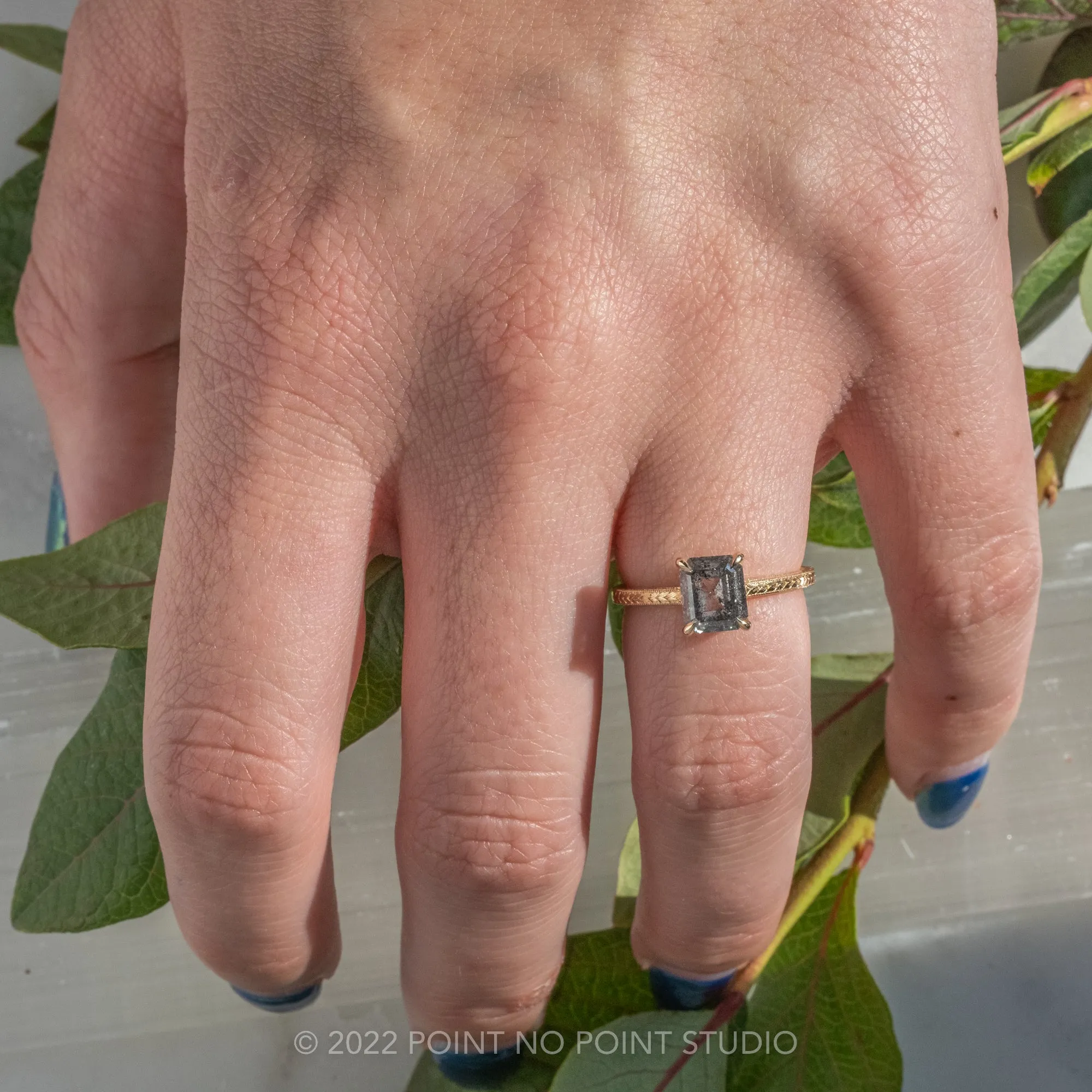 2 Carat Salt and Pepper Emerald Shaped Diamond Engagement Ring, Engraved Lark Setting, 14K Yellow Gold