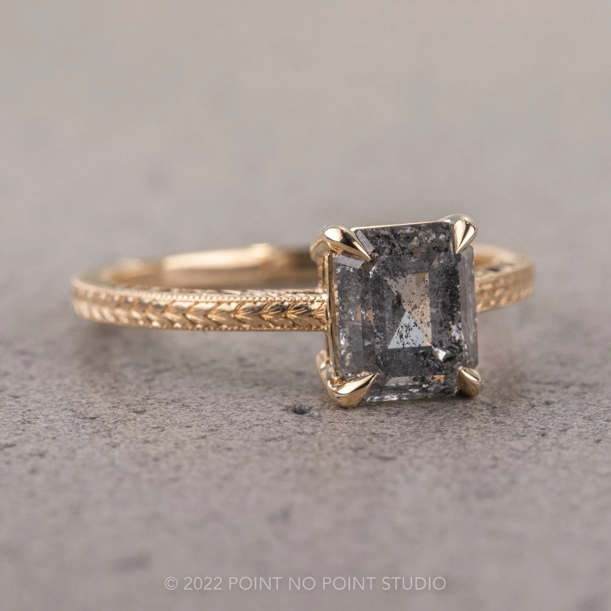 2 Carat Salt and Pepper Emerald Shaped Diamond Engagement Ring, Engraved Lark Setting, 14K Yellow Gold