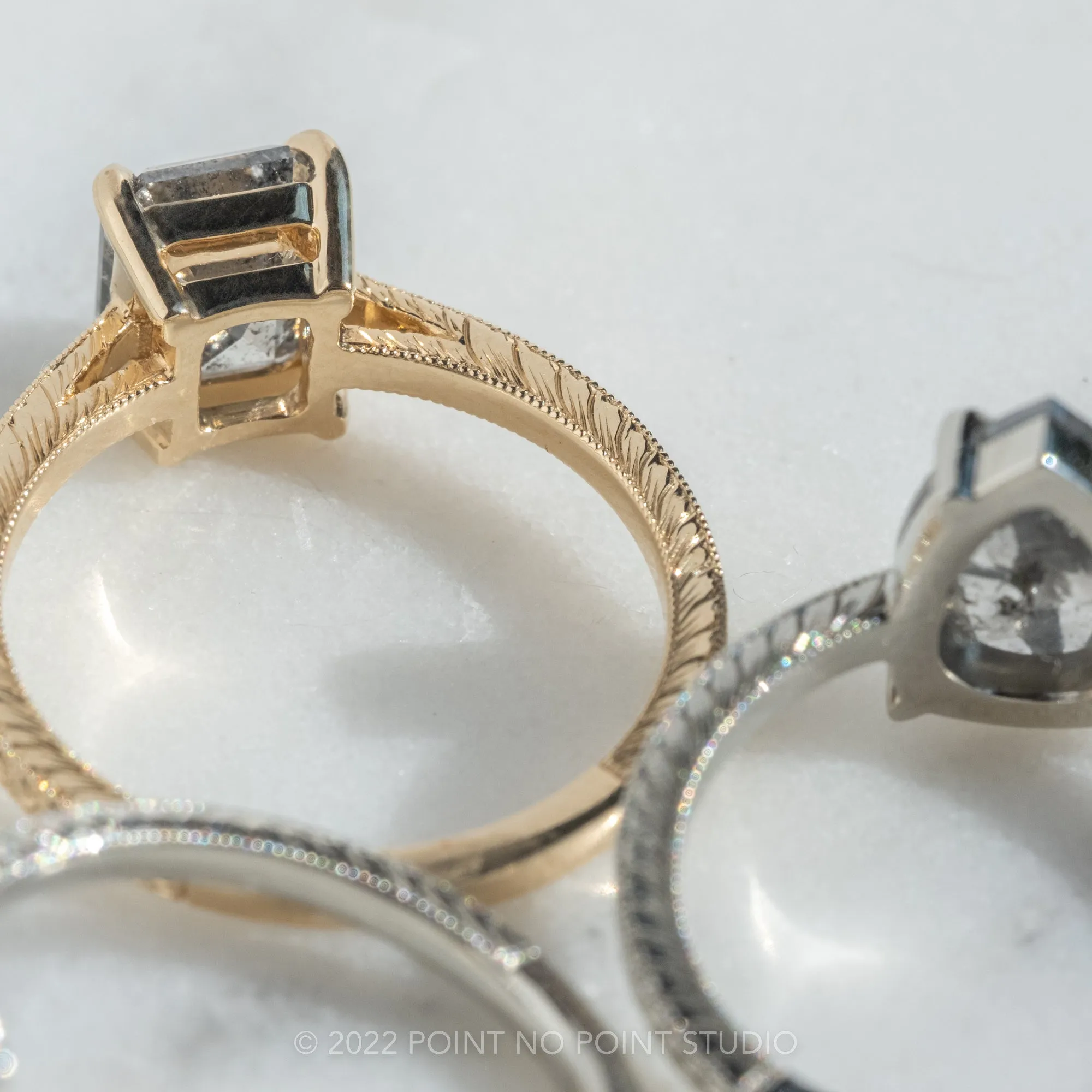 2 Carat Salt and Pepper Emerald Shaped Diamond Engagement Ring, Engraved Lark Setting, 14K Yellow Gold