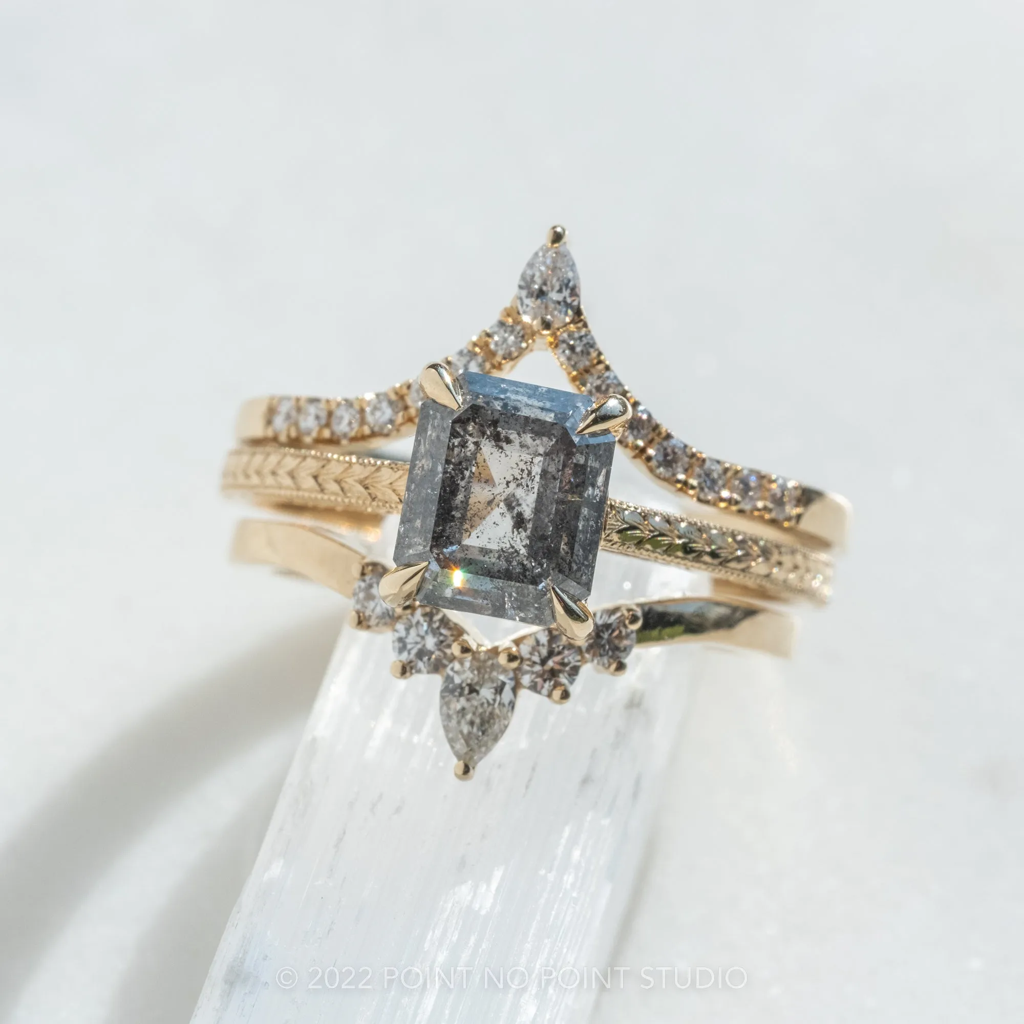 2 Carat Salt and Pepper Emerald Shaped Diamond Engagement Ring, Engraved Lark Setting, 14K Yellow Gold