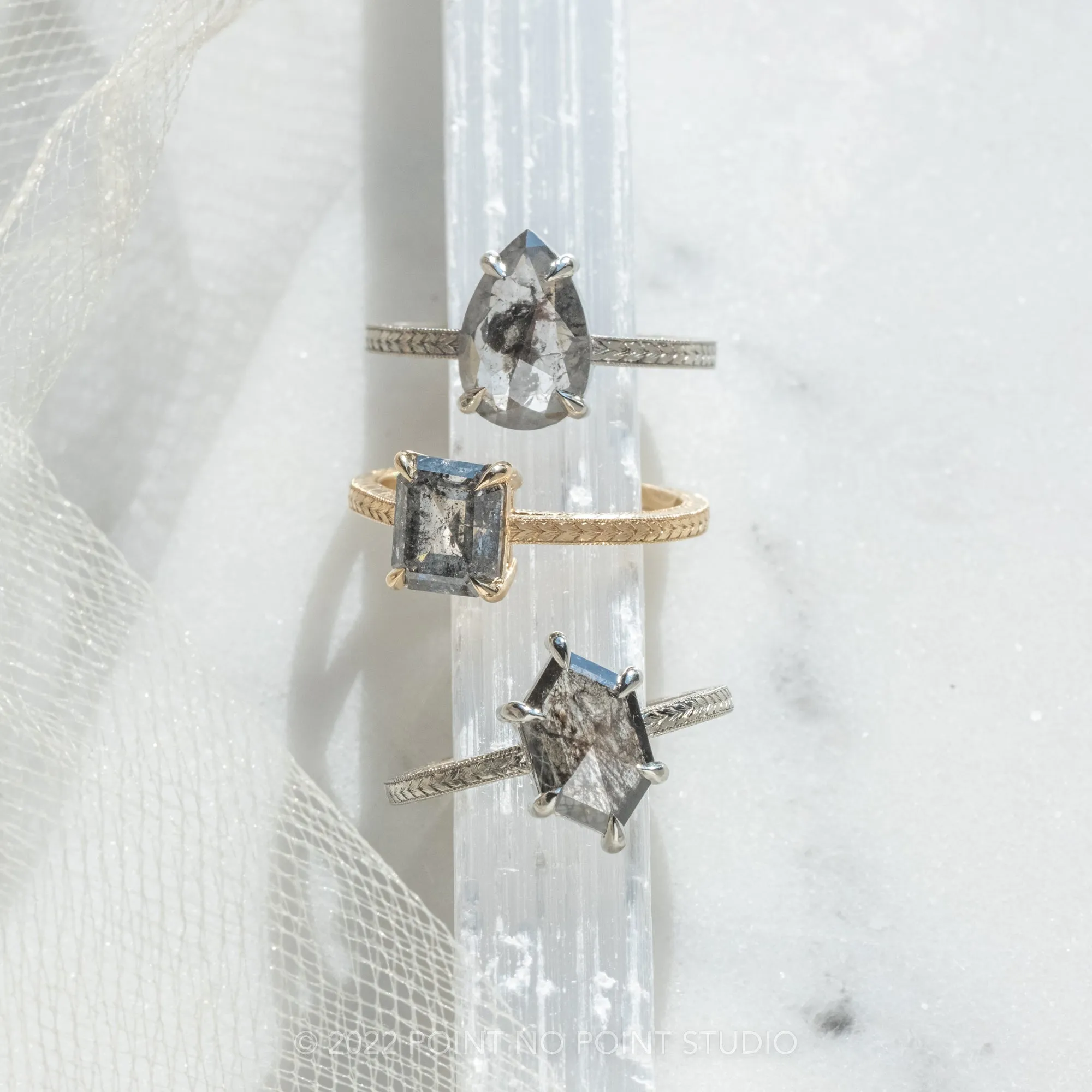 2 Carat Salt and Pepper Emerald Shaped Diamond Engagement Ring, Engraved Lark Setting, 14K Yellow Gold