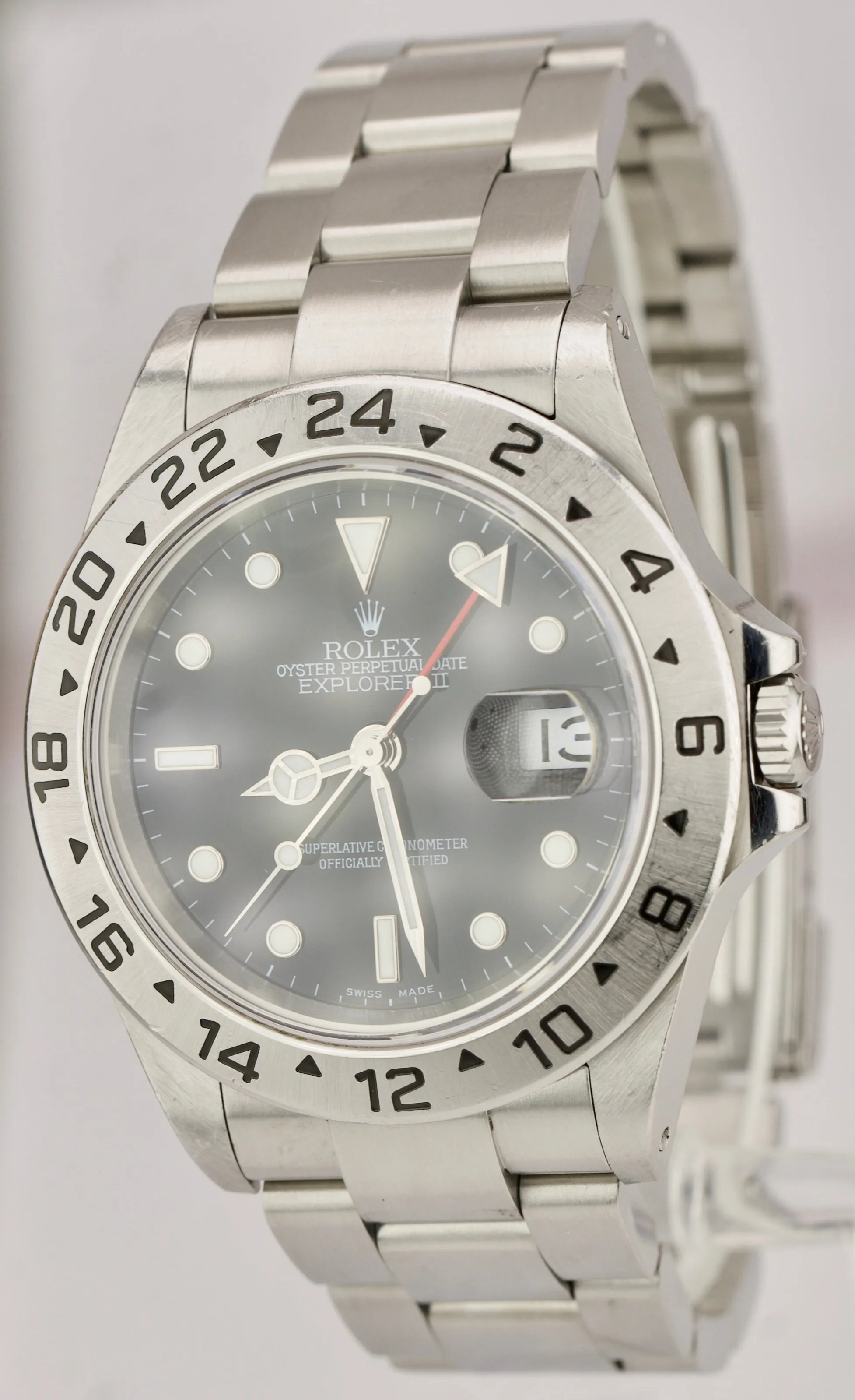 2003 UNPOLISHED Rolex Explorer II SEL LUME Steel Black Date GMT 40mm Watch 16570